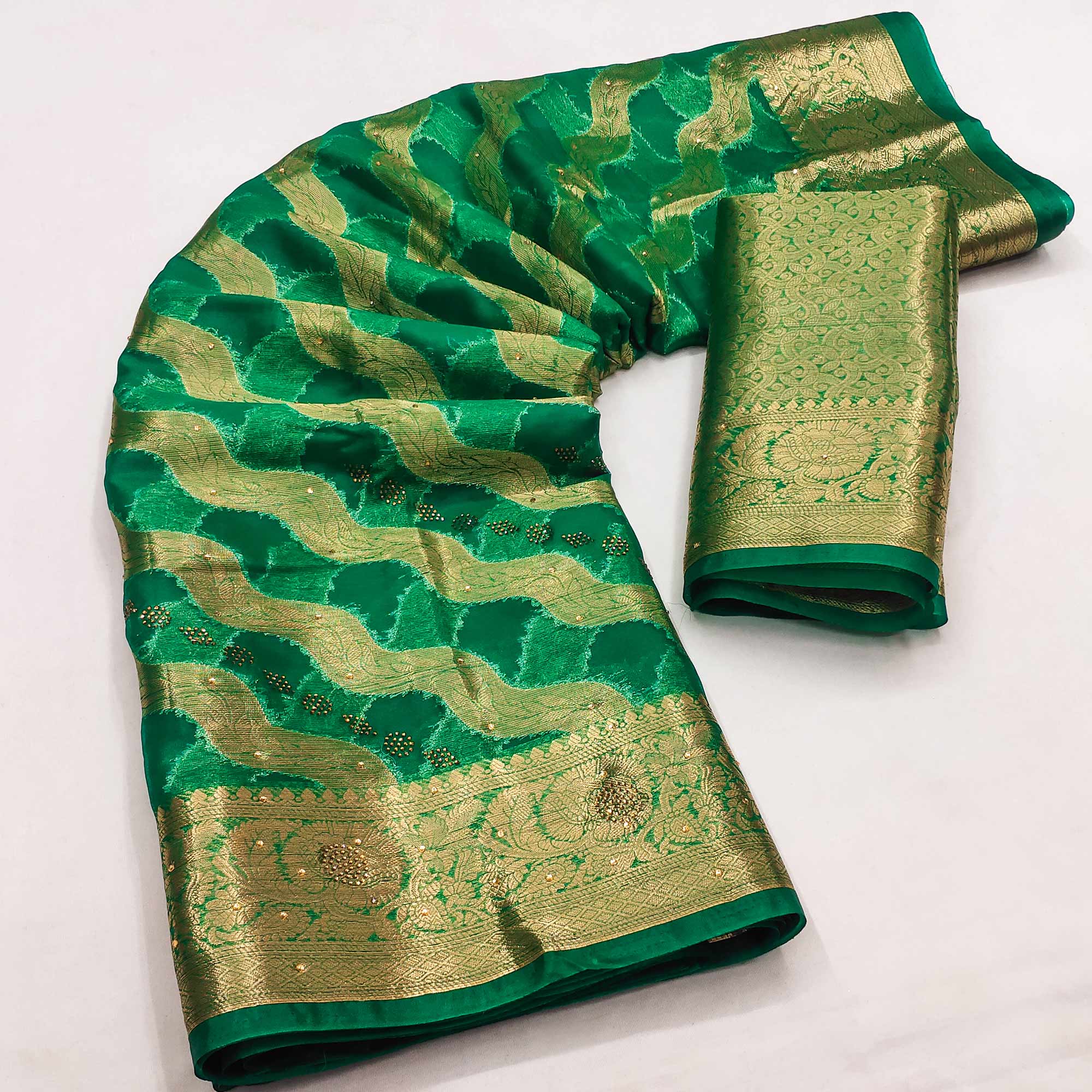 Green Stone Work Woven Organza Jacquard Saree