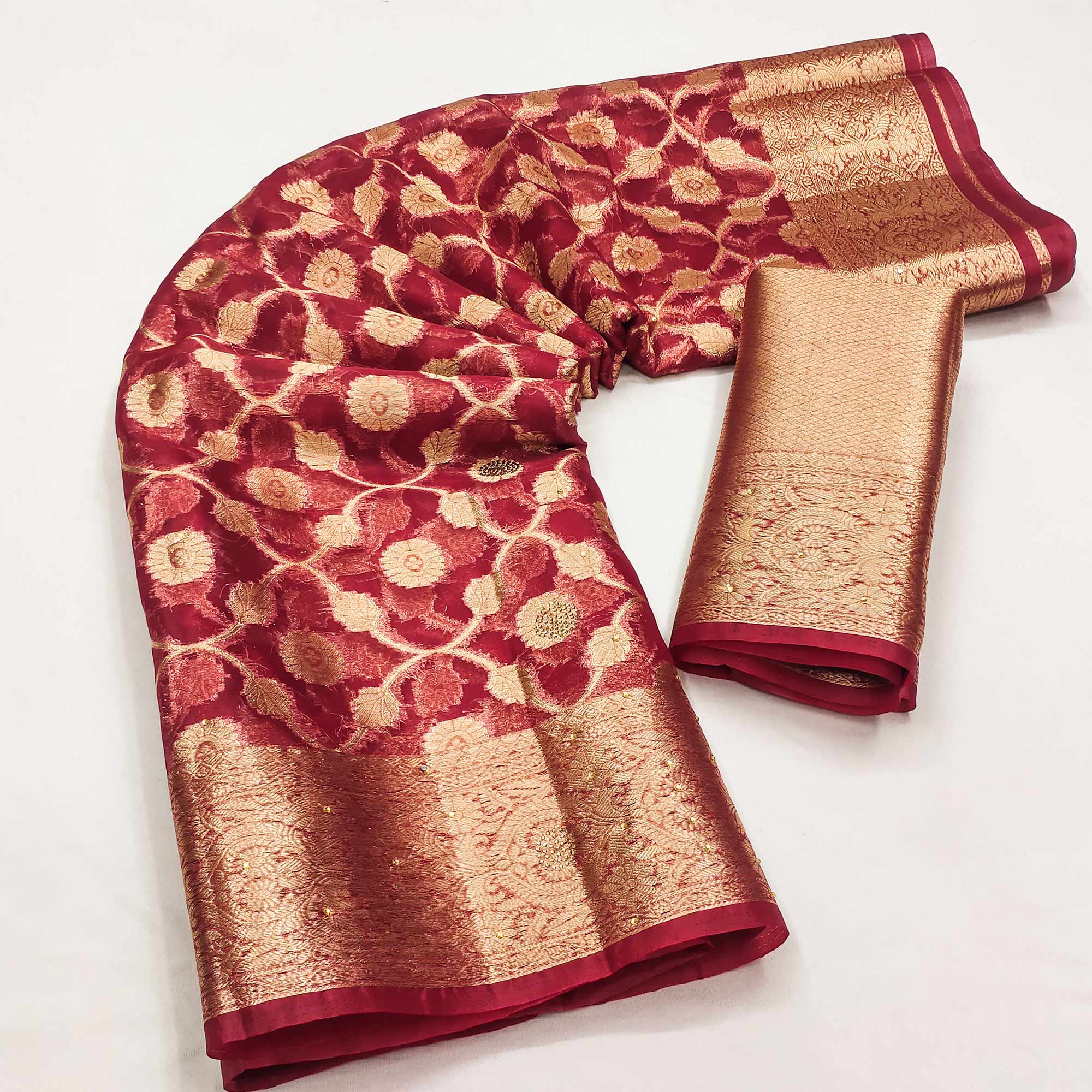 Red Stone Work Woven Organza Jacquard Saree