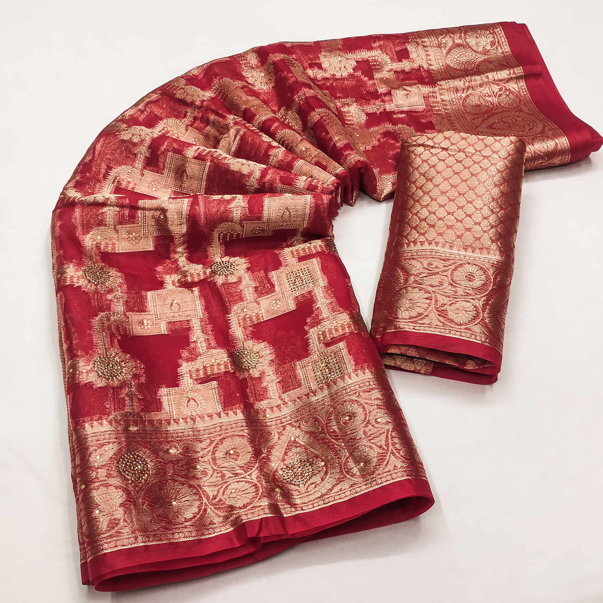 Red Stone Work Woven Organza Jacquard Saree