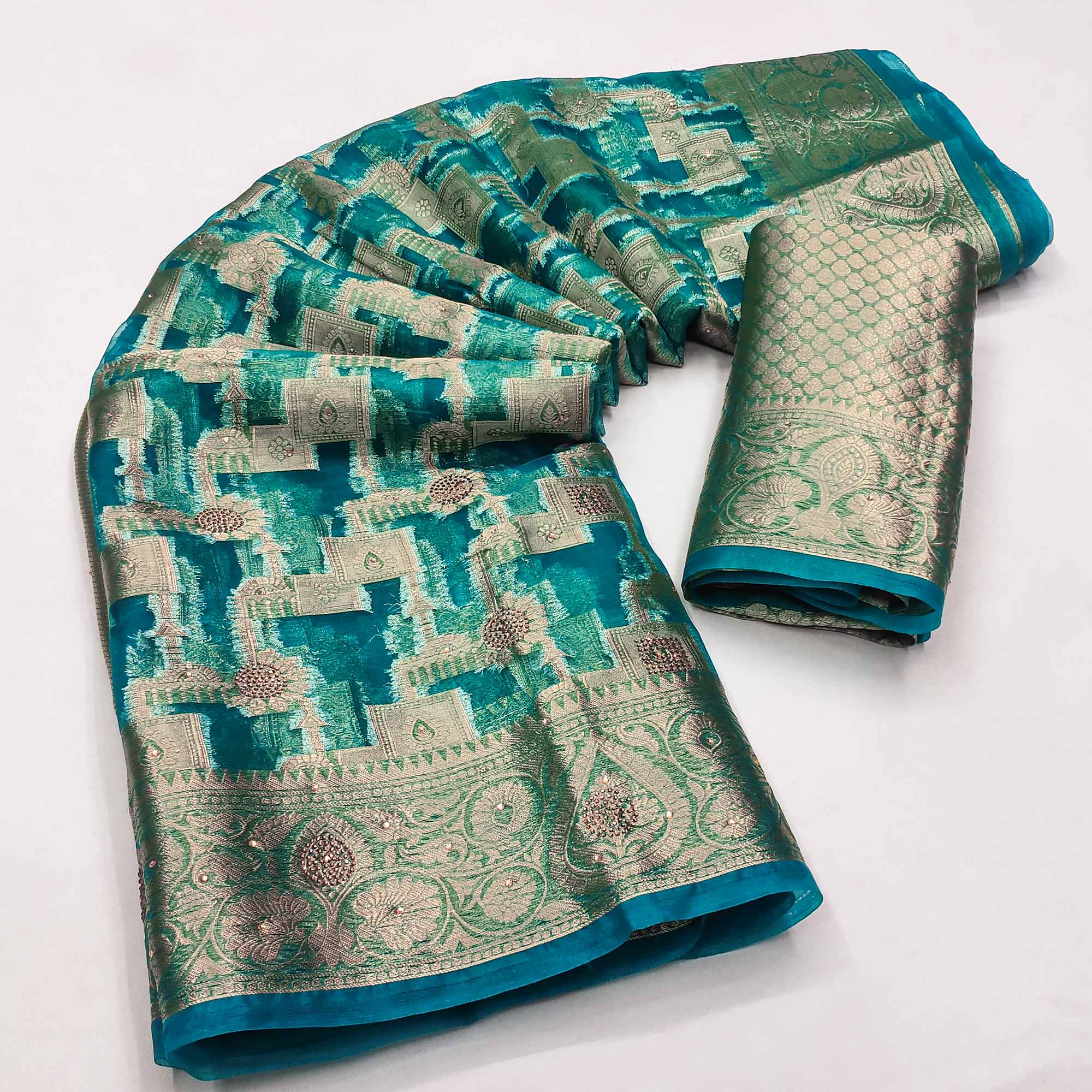 Teal Stone Work Woven Organza Jacquard Saree