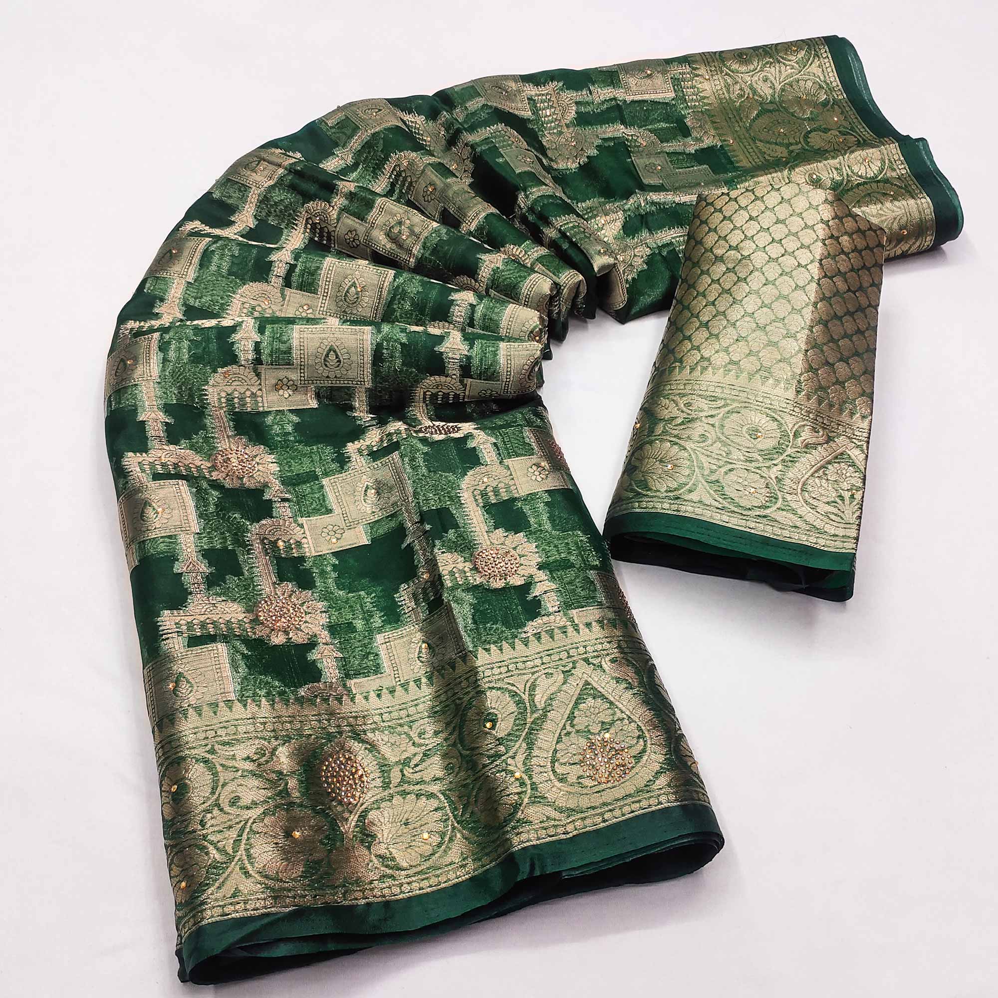 Dark Green Stone Work Woven Organza Jacquard Saree