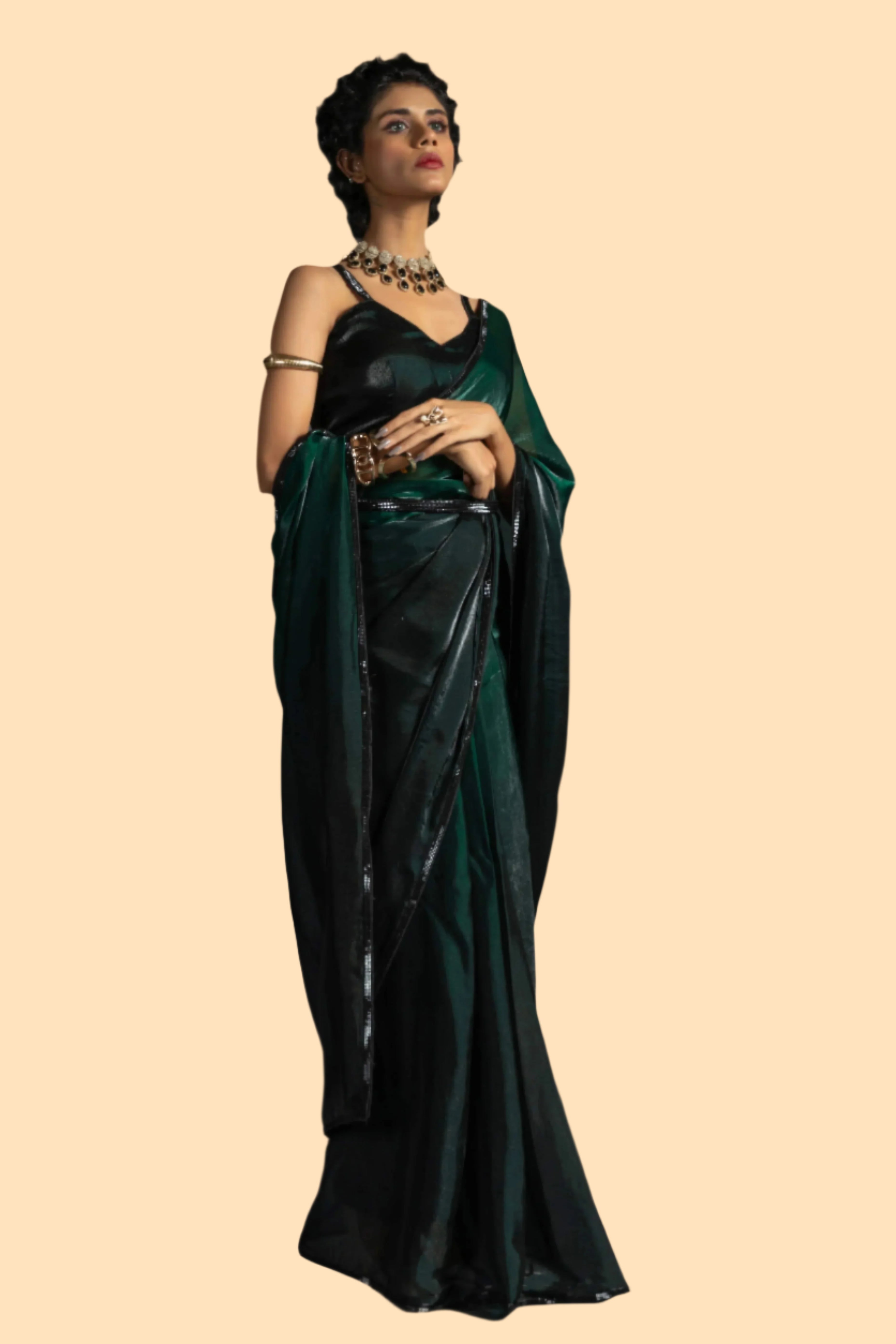 Bottle Green Satin Ready To Wear Saree with Soft Ombre Tones and Intricate Stone Border