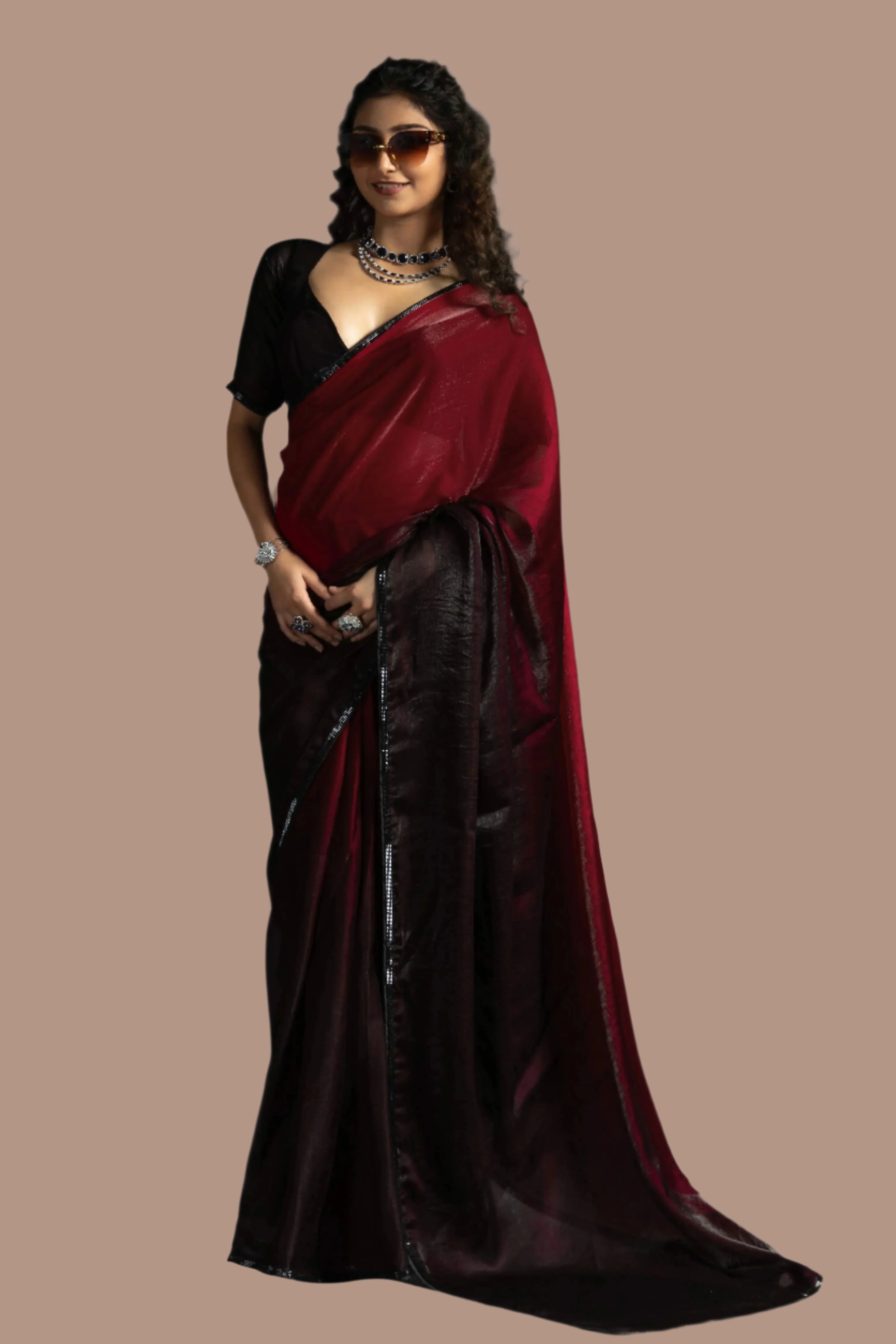 Maroon Satin Ready To Wear Saree with Soft Ombre Tones and Intricate Stone Border