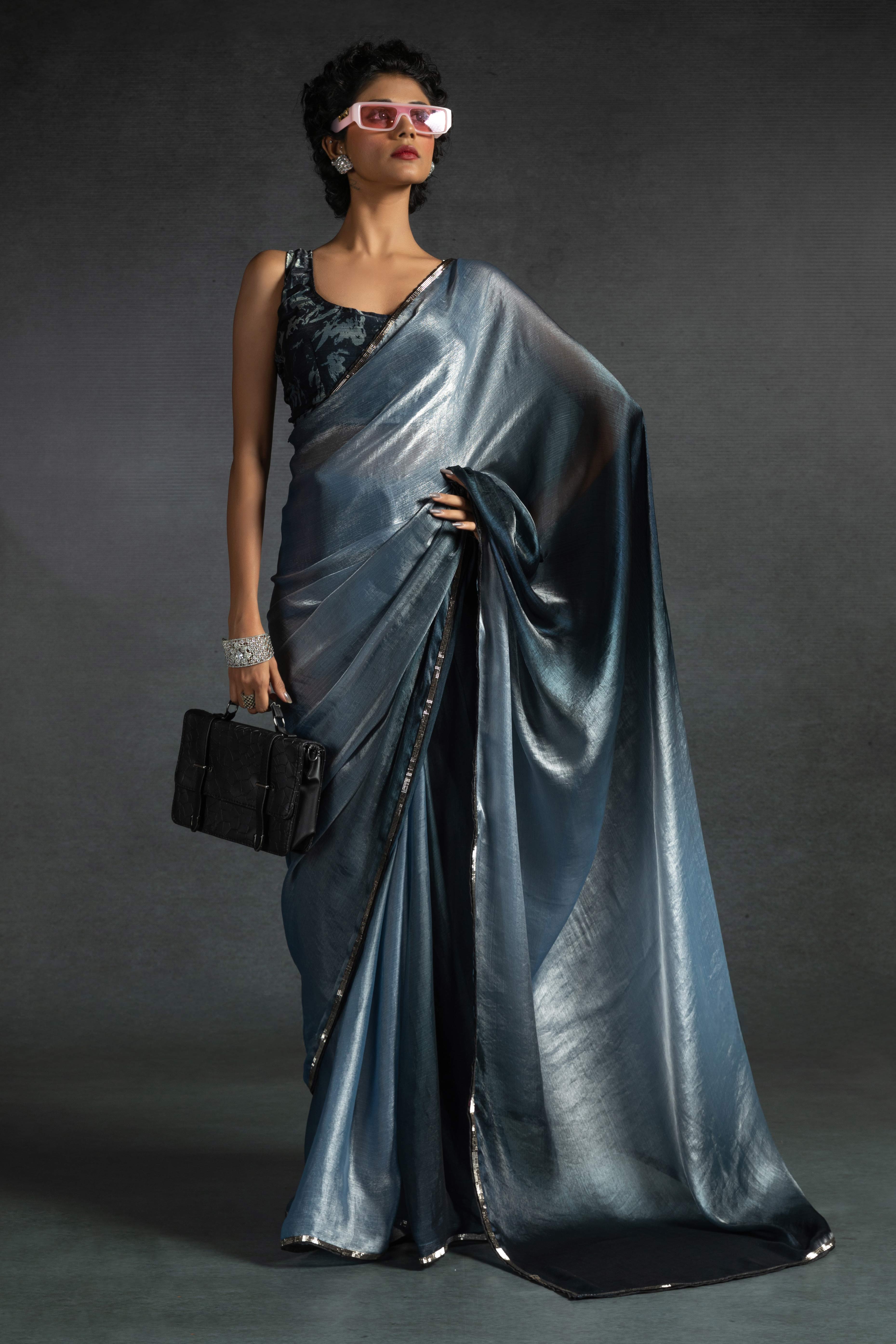 Bluish Grey Solid With Stone Work Satin Silk Ombre Ready To Wear Saree