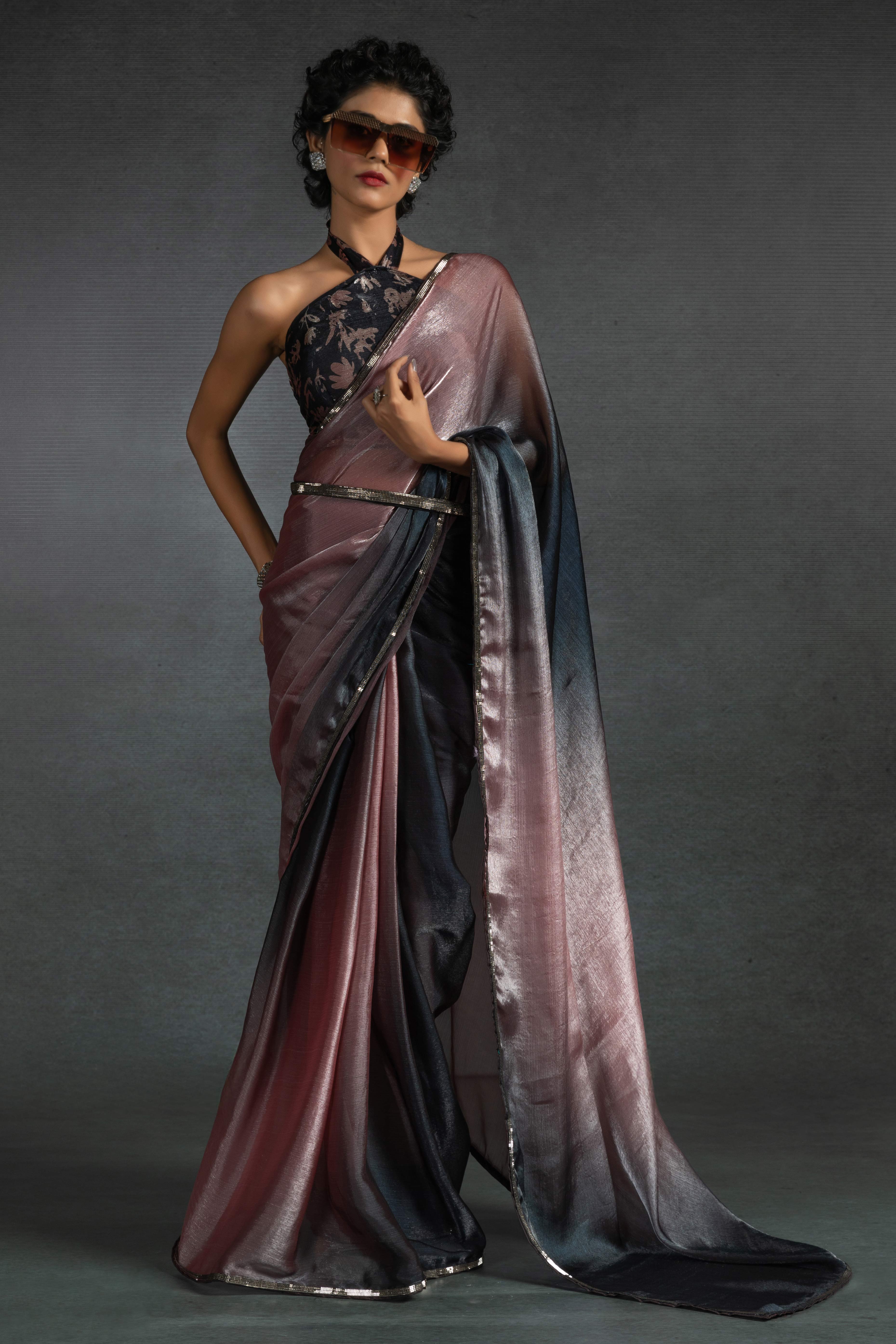 Onion Pink Solid With Stone Work Satin Silk Ombre Ready To Wear Saree