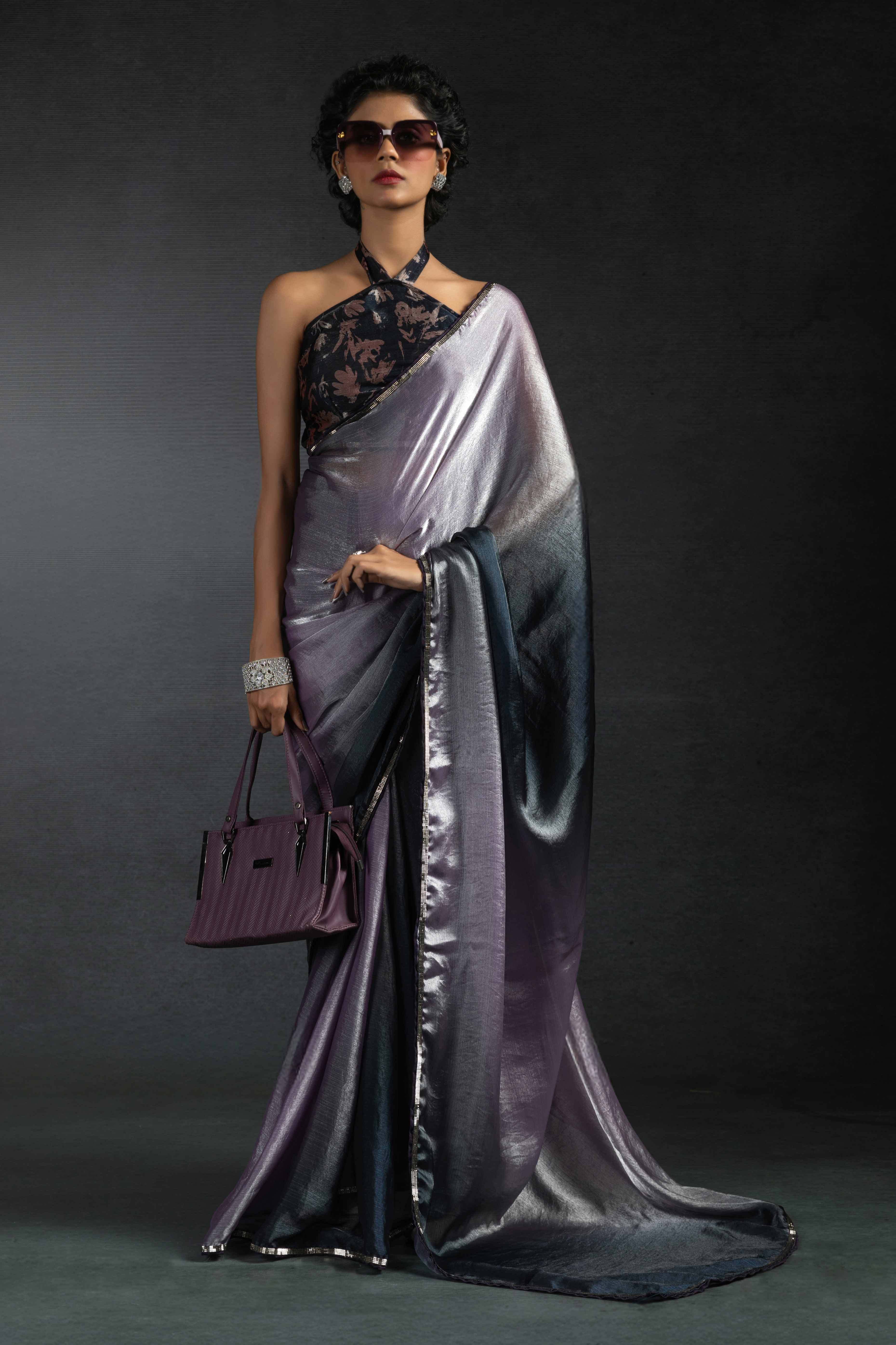 Lavender Solid With Stone Work Satin Silk Ombre Ready To Wear Saree