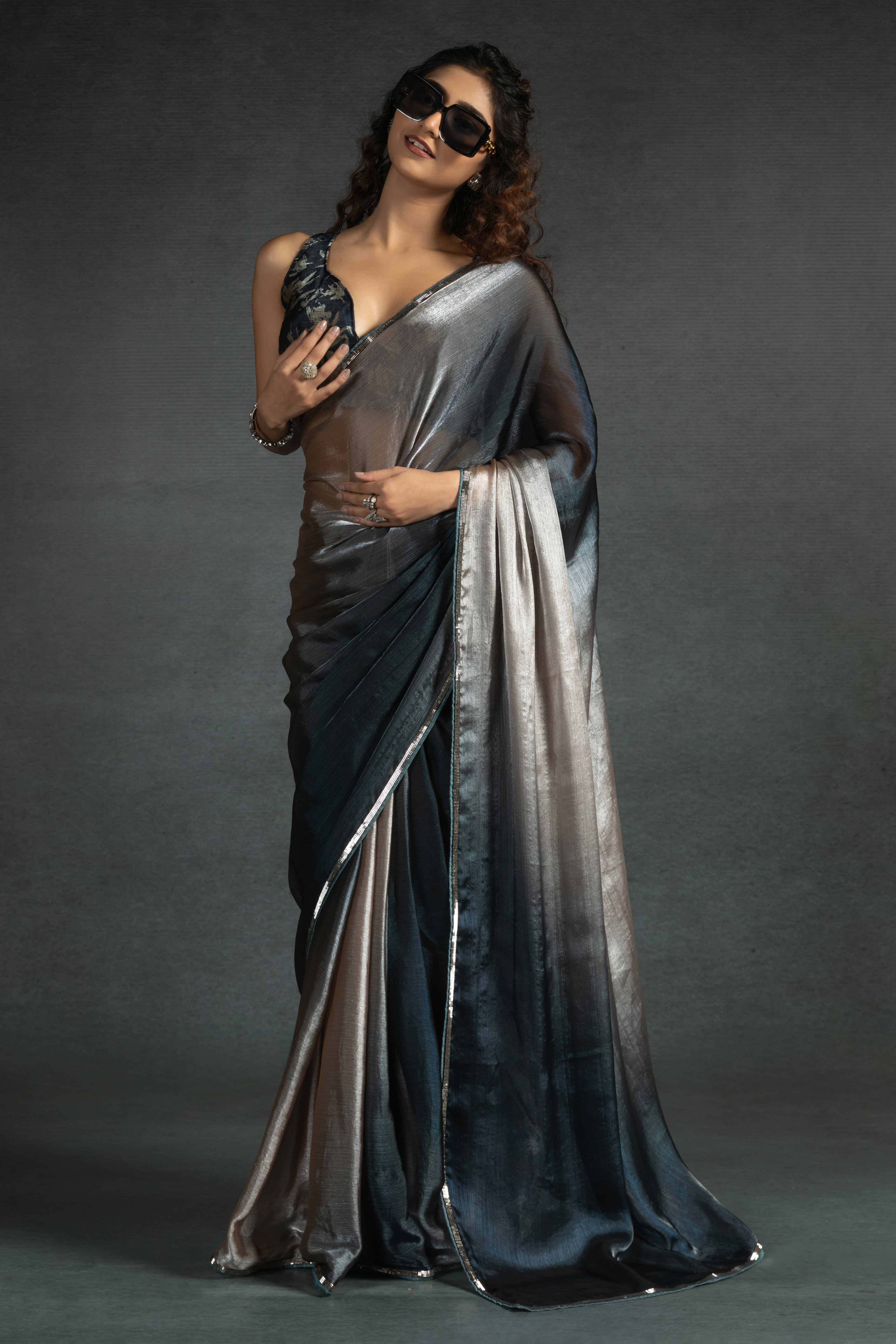 Brown Solid With Stone Work Satin Silk Ombre Ready To Wear Saree