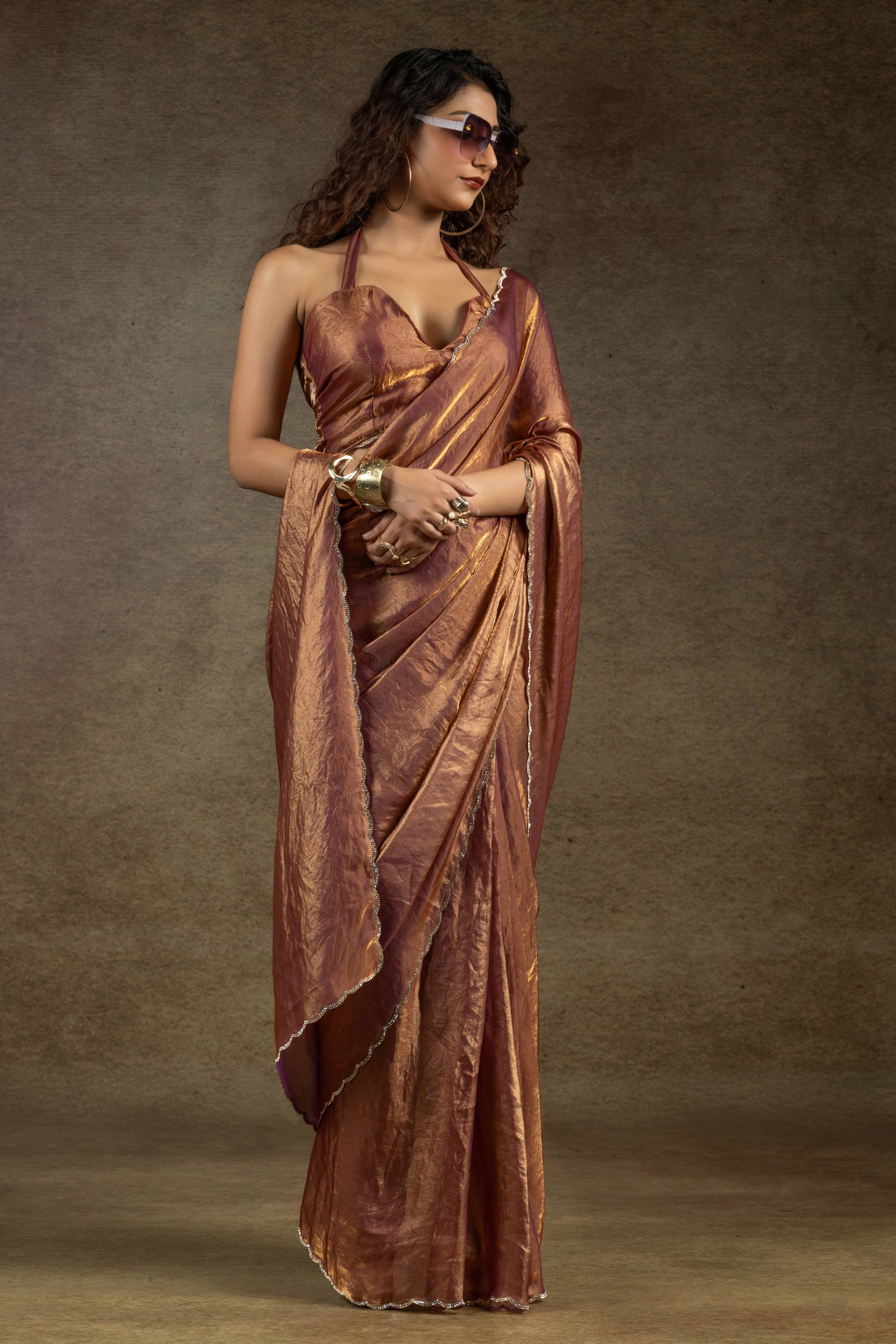 Brown Solid With Diamond Work Satin Ready To Wear Saree