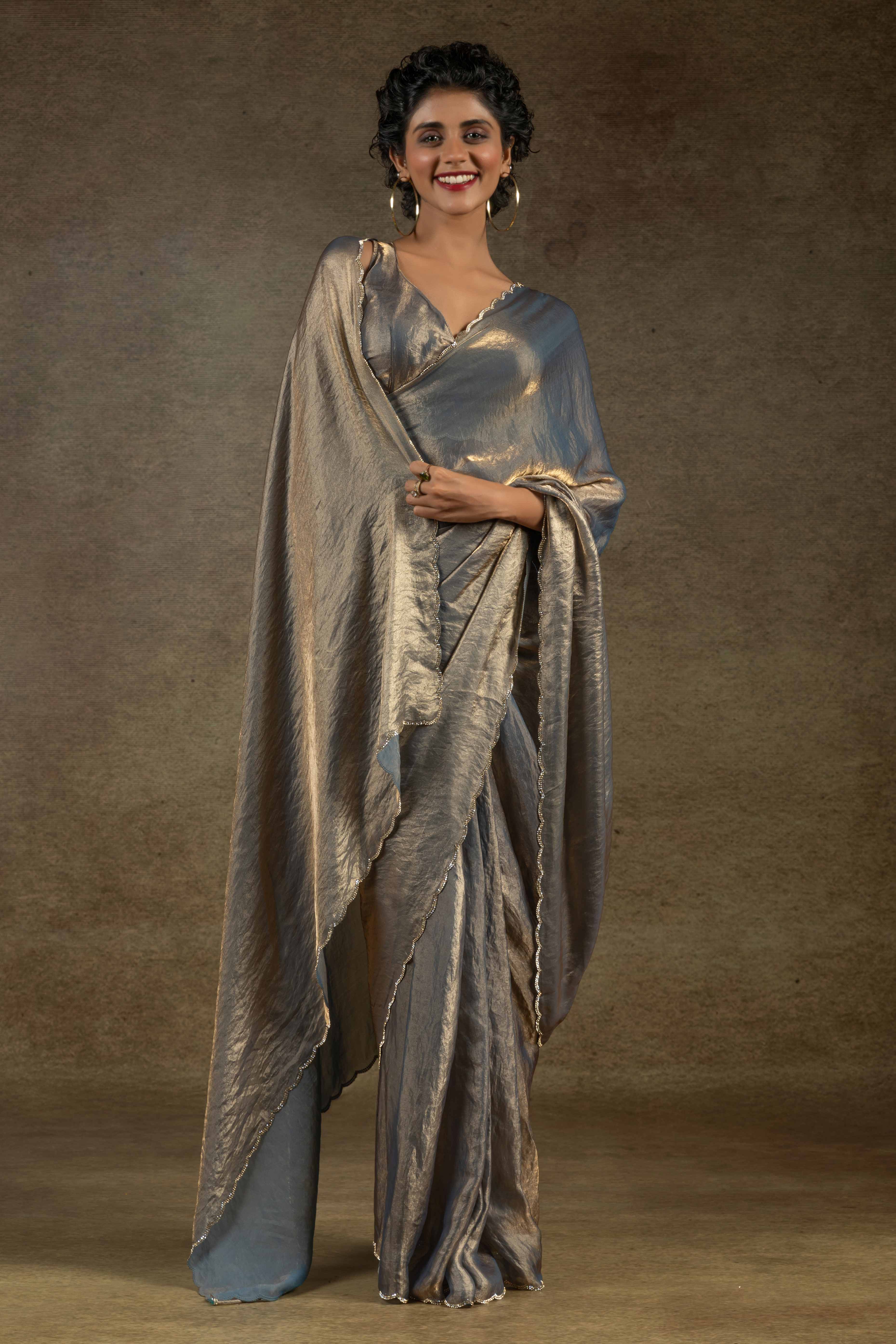 Lava Grey Solid With Diamond Work Satin Ready To Wear Saree