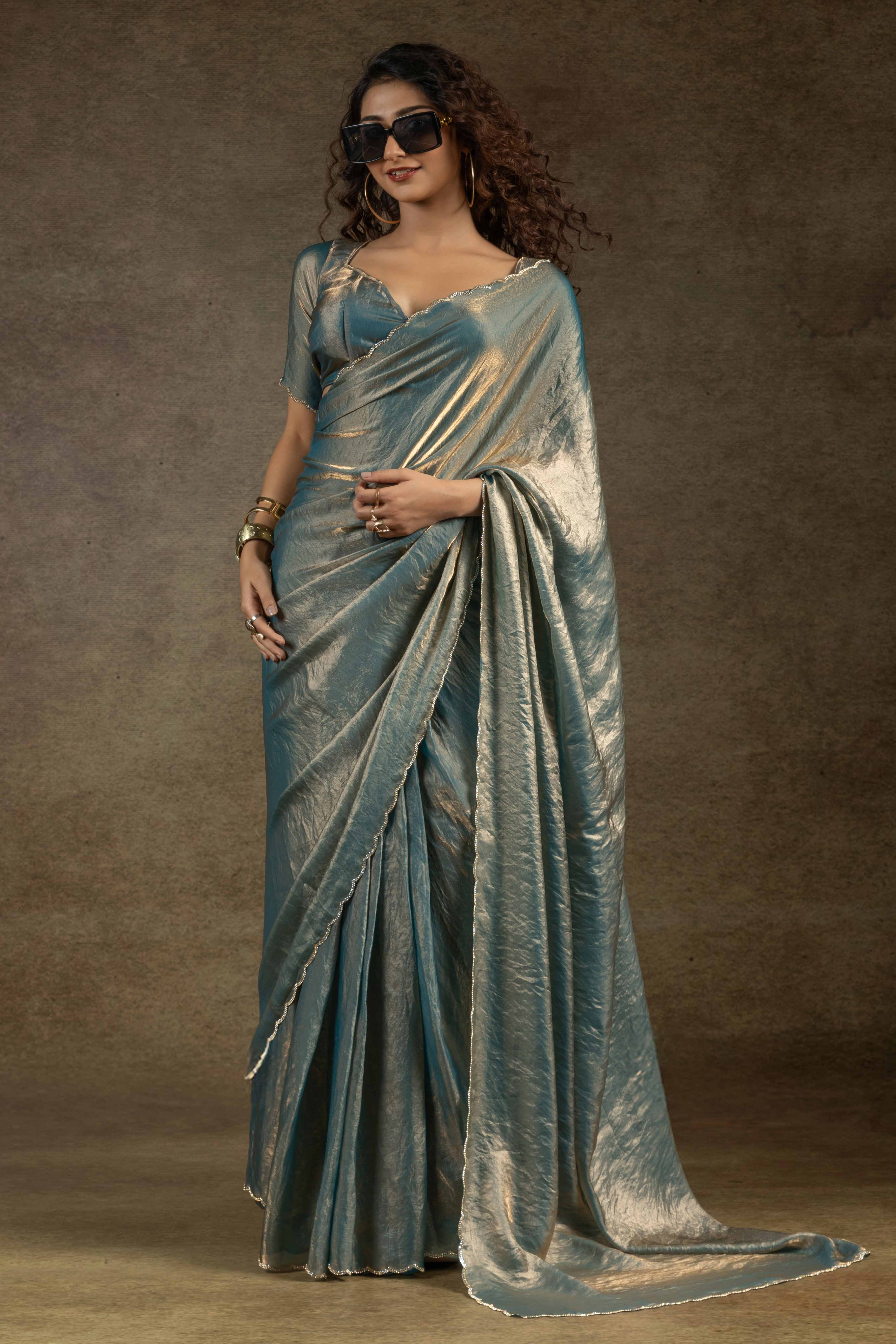 Sky Blue Solid With Diamond Work Satin Ready To Wear Saree