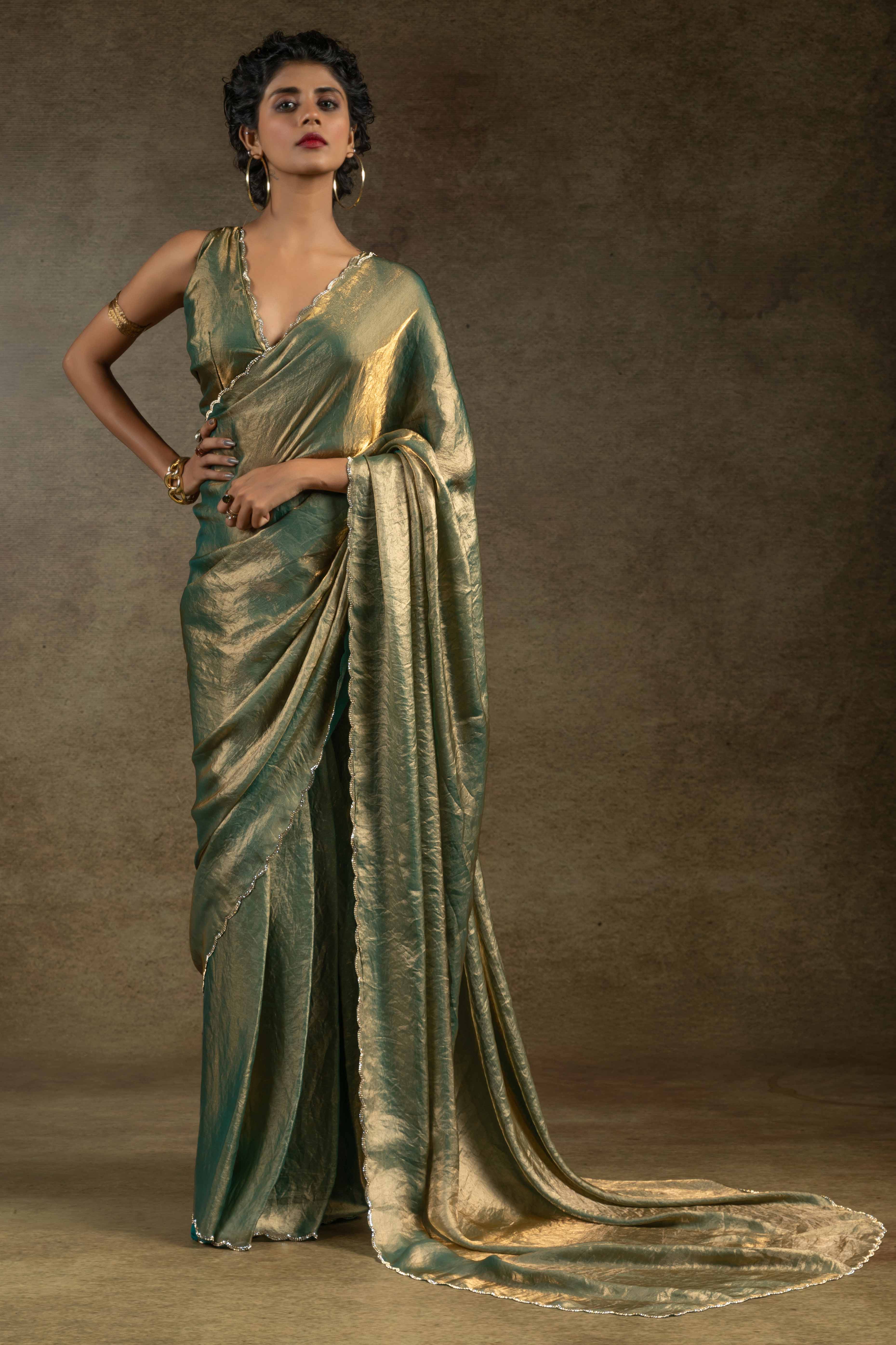 Green Solid With Diamond Work Satin Ready To Wear Saree