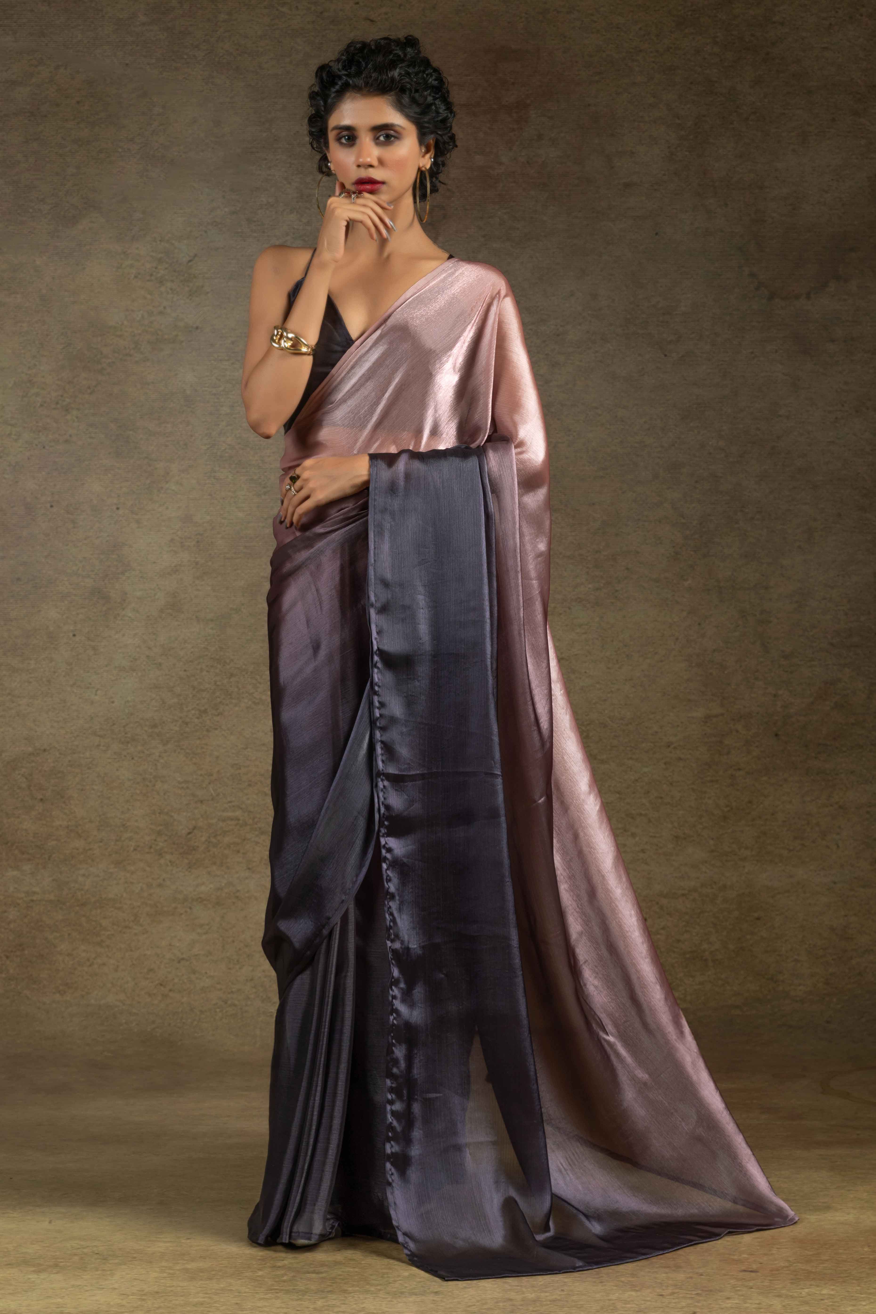 Peach & Brown Ombre Satin Saree in Solid Finish with Ready-to-Wear Silhouette