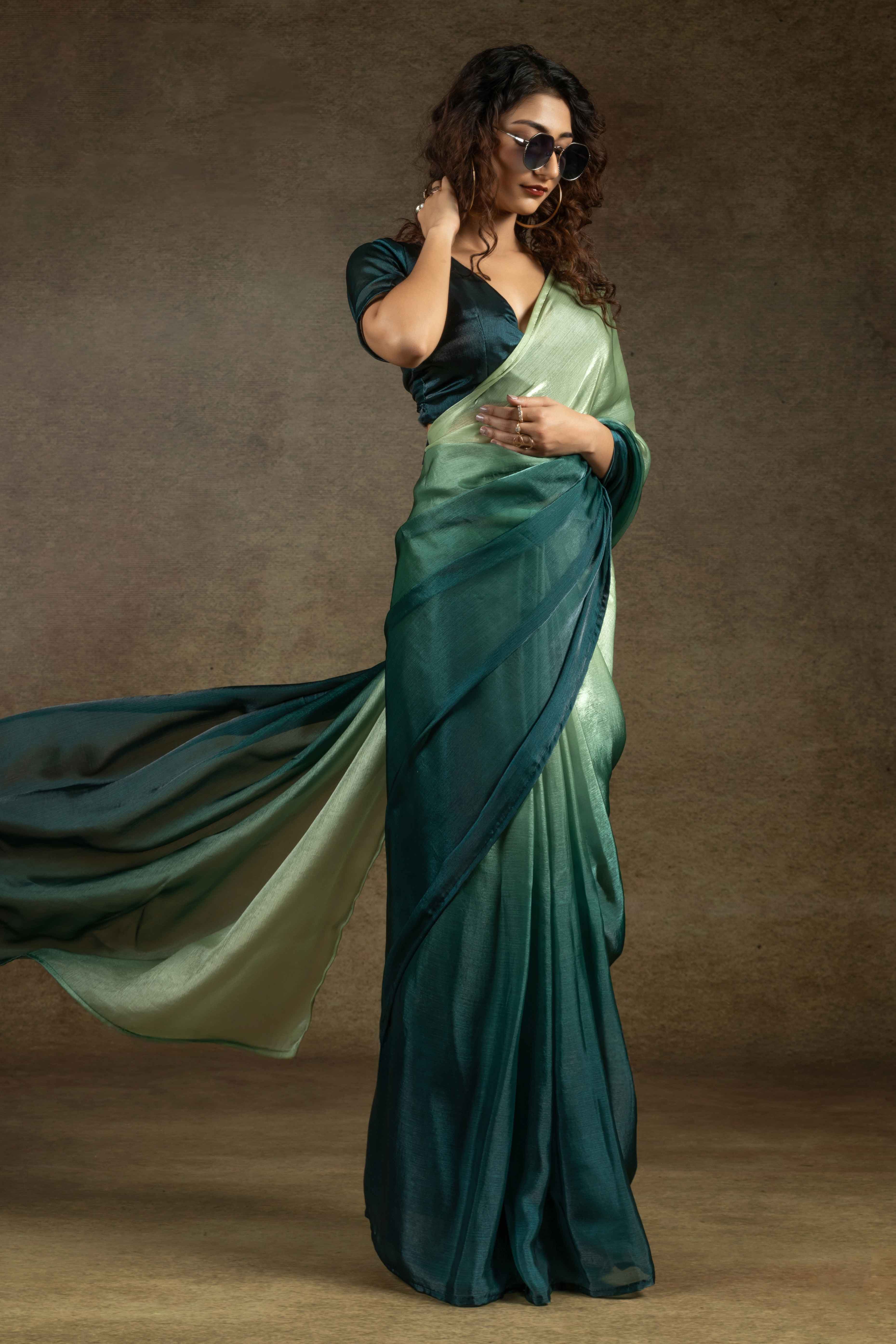 Pista Green & Bottle Green Ombre Satin Saree in Solid Finish with Ready-to-Wear Silhouette