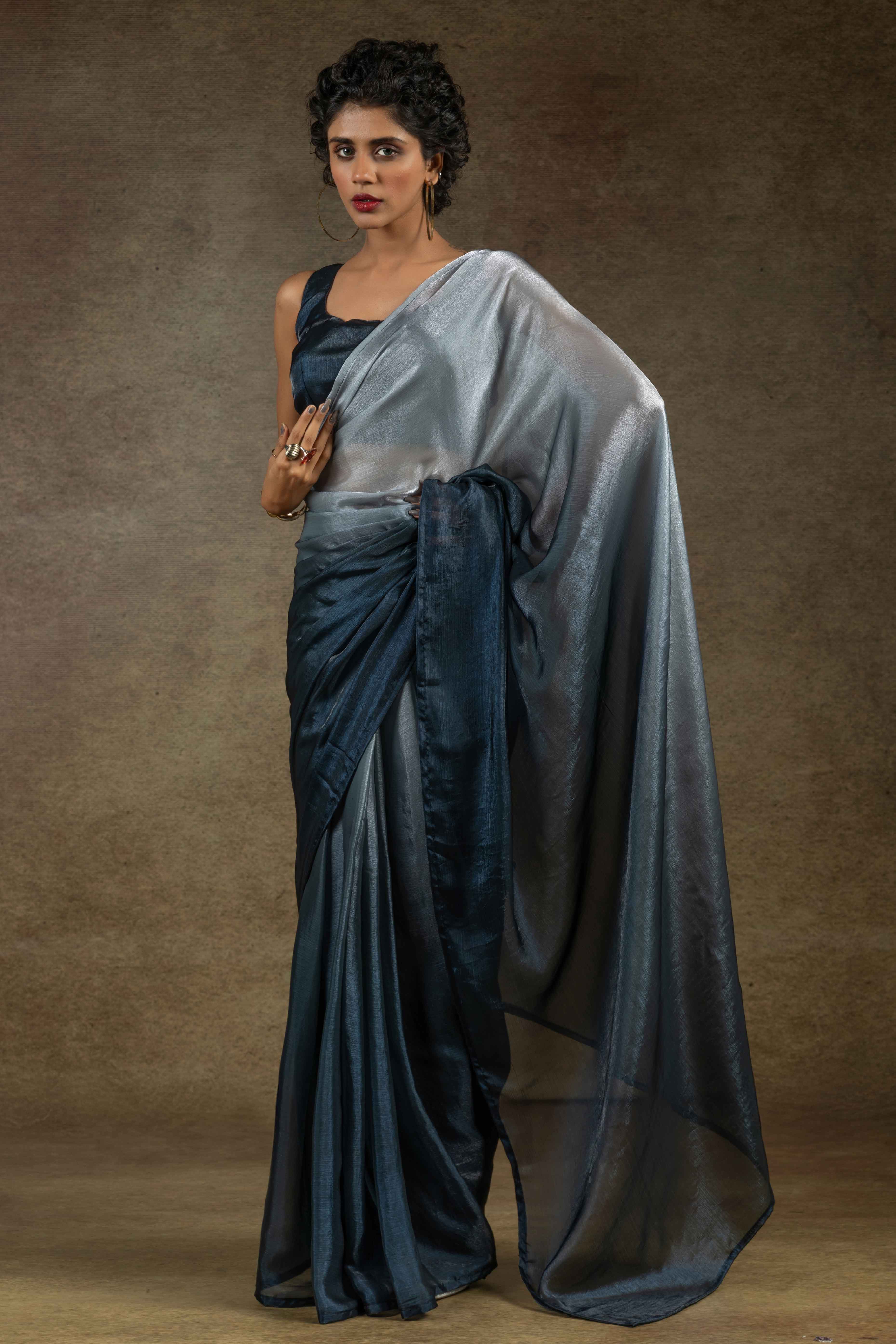 Grey & Navy Blue Ombre Satin Saree in Solid Finish with Ready-to-Wear Silhouette