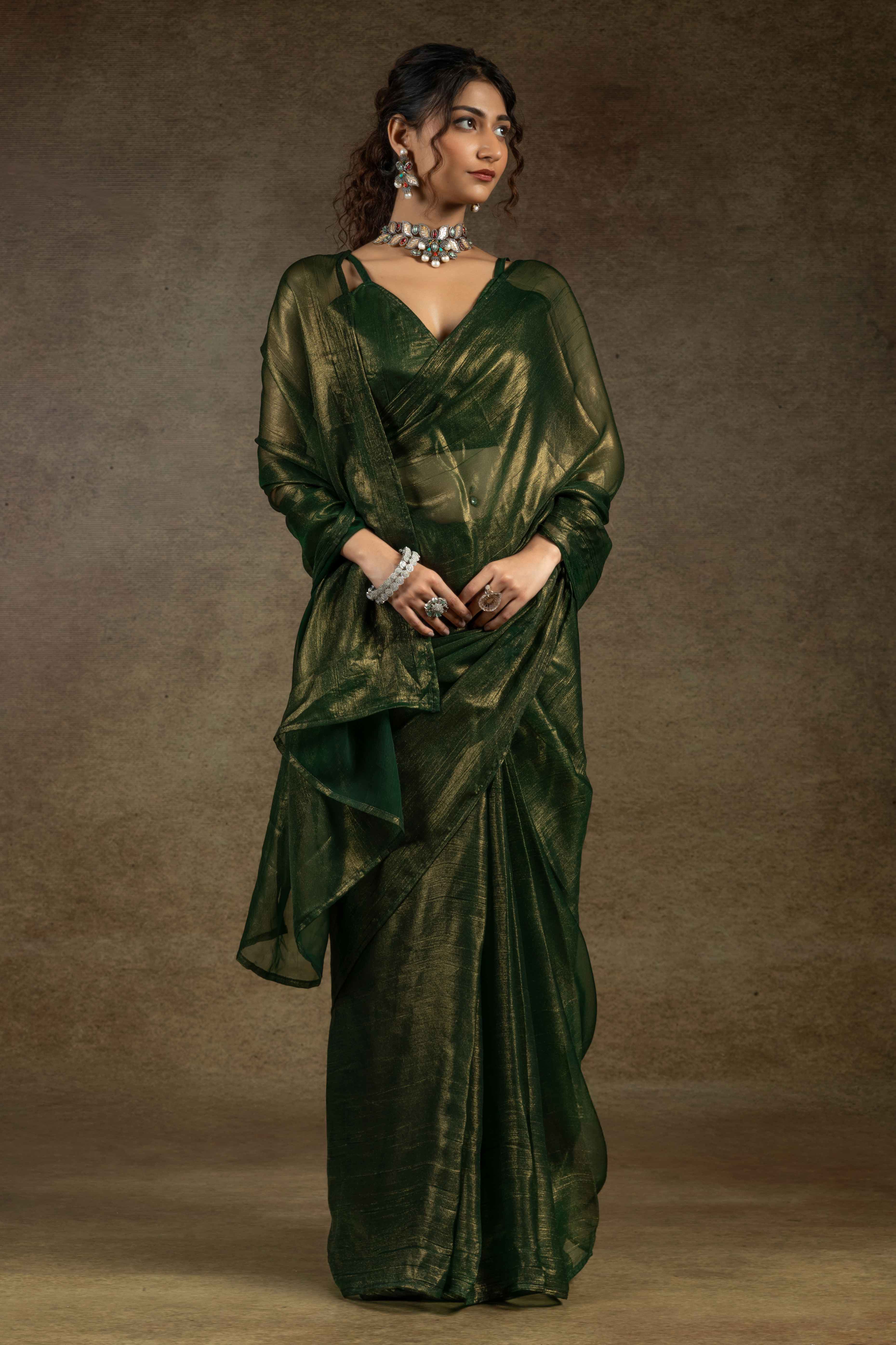 Forest Green Ready-to-Wear Chiffon Saree in Minimal Solid Pattern for a Classy Vibe