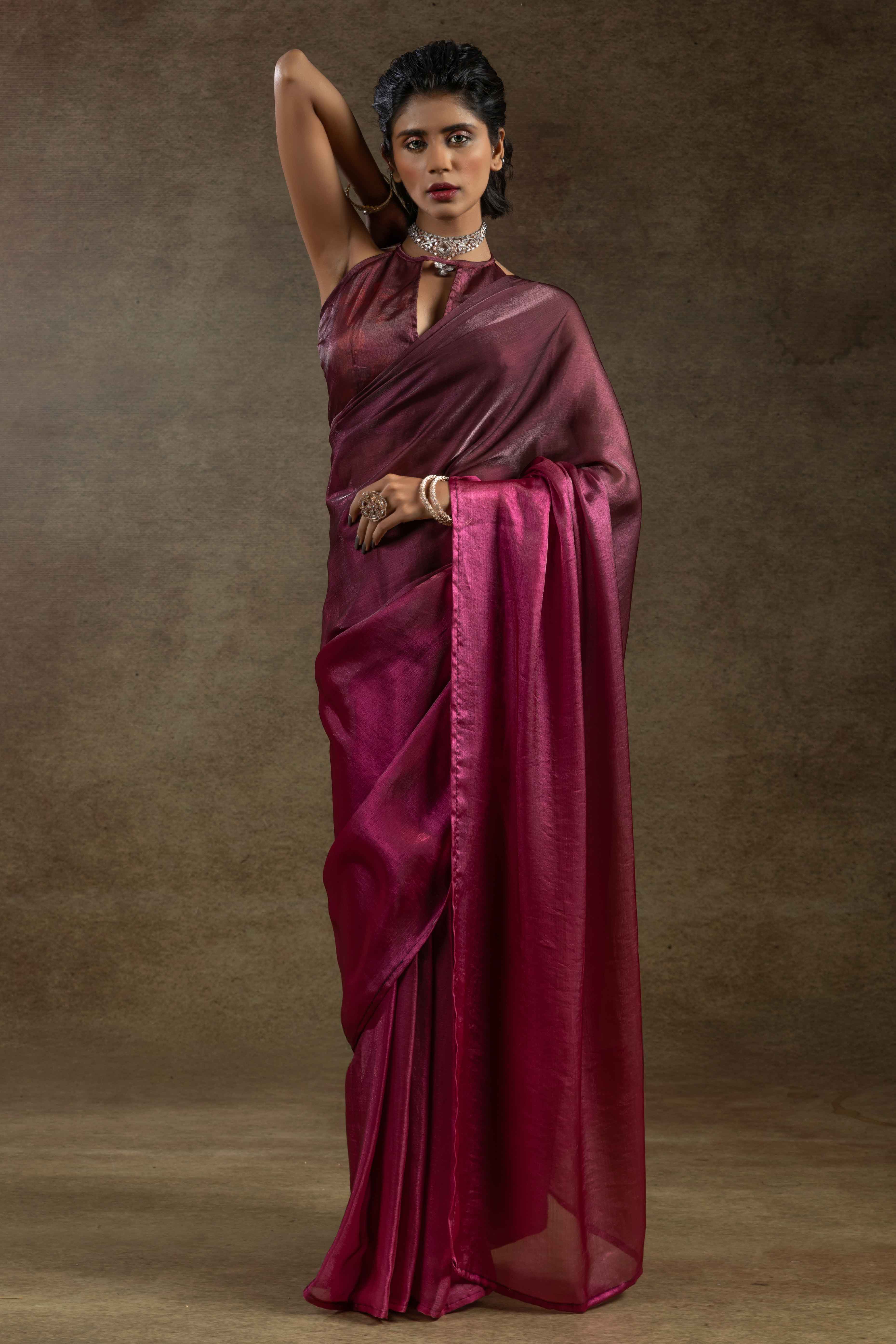 Magenta Ready-to-Wear Chiffon Saree in Minimal Solid Pattern for a Classy Vibe