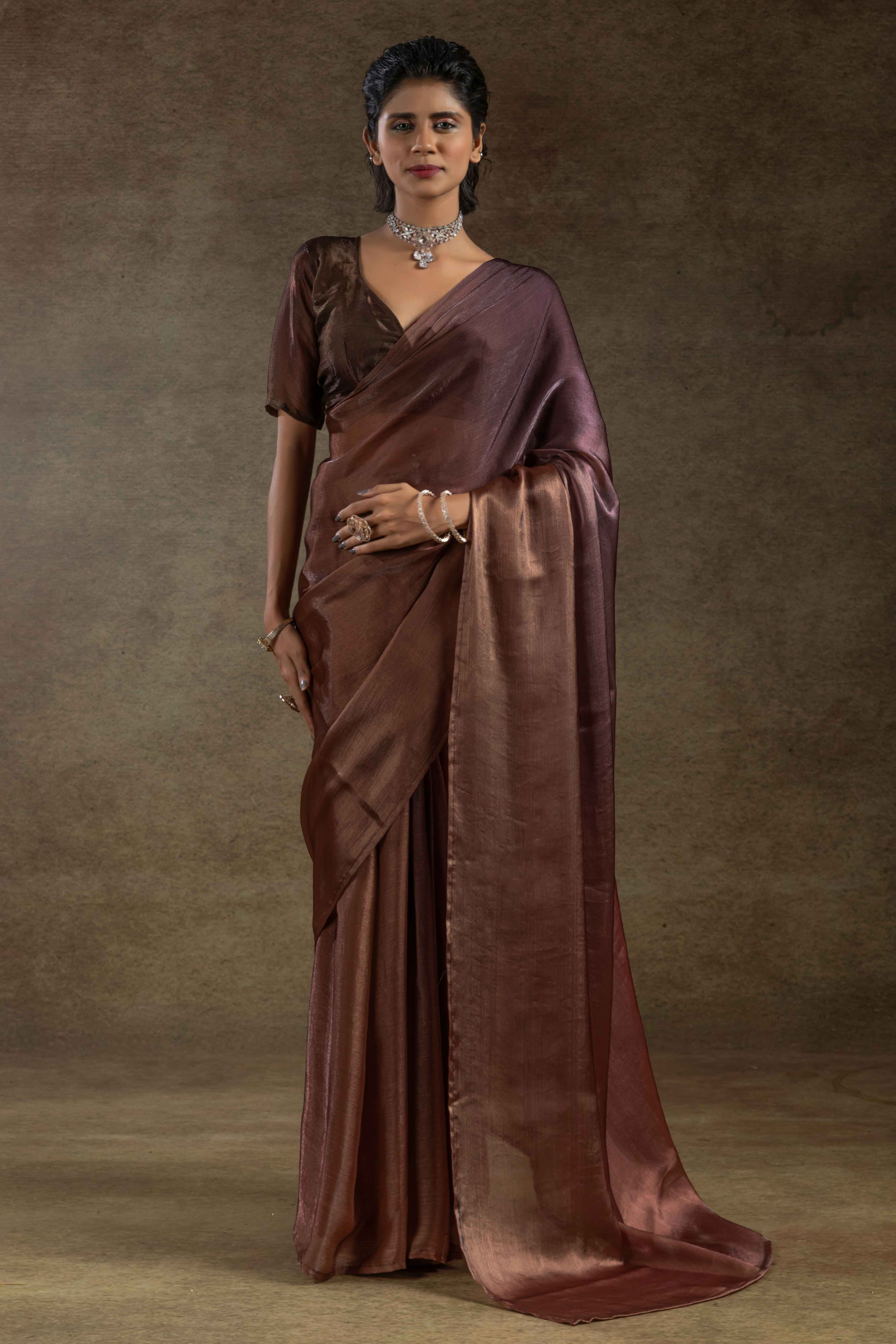 Brown Ready-to-Wear Chiffon Saree in Minimal Solid Pattern for a Classy Vibe
