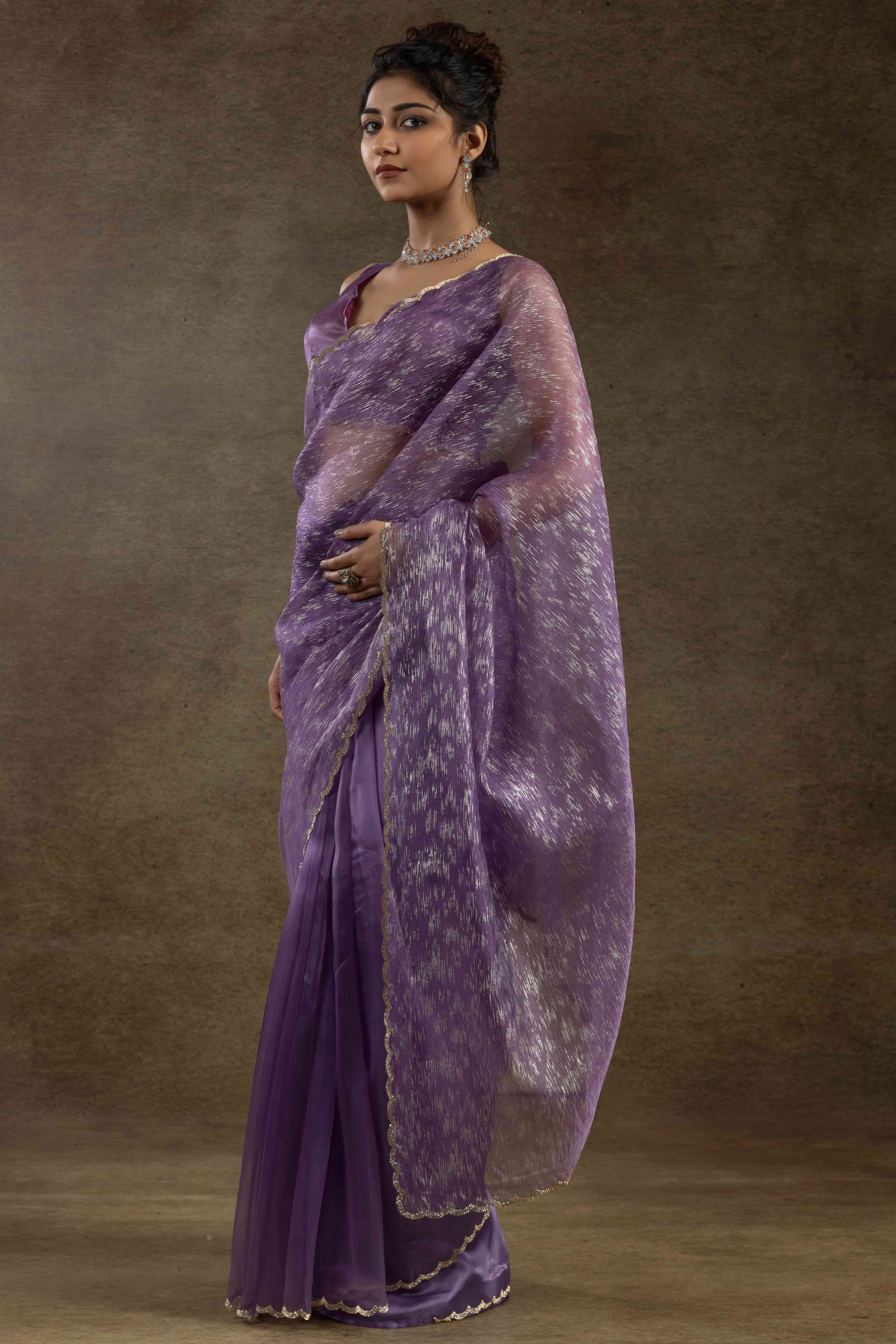 Lavender Crush Foil Print With Delicate Zarkan Border Organza Ready To Wear Saree