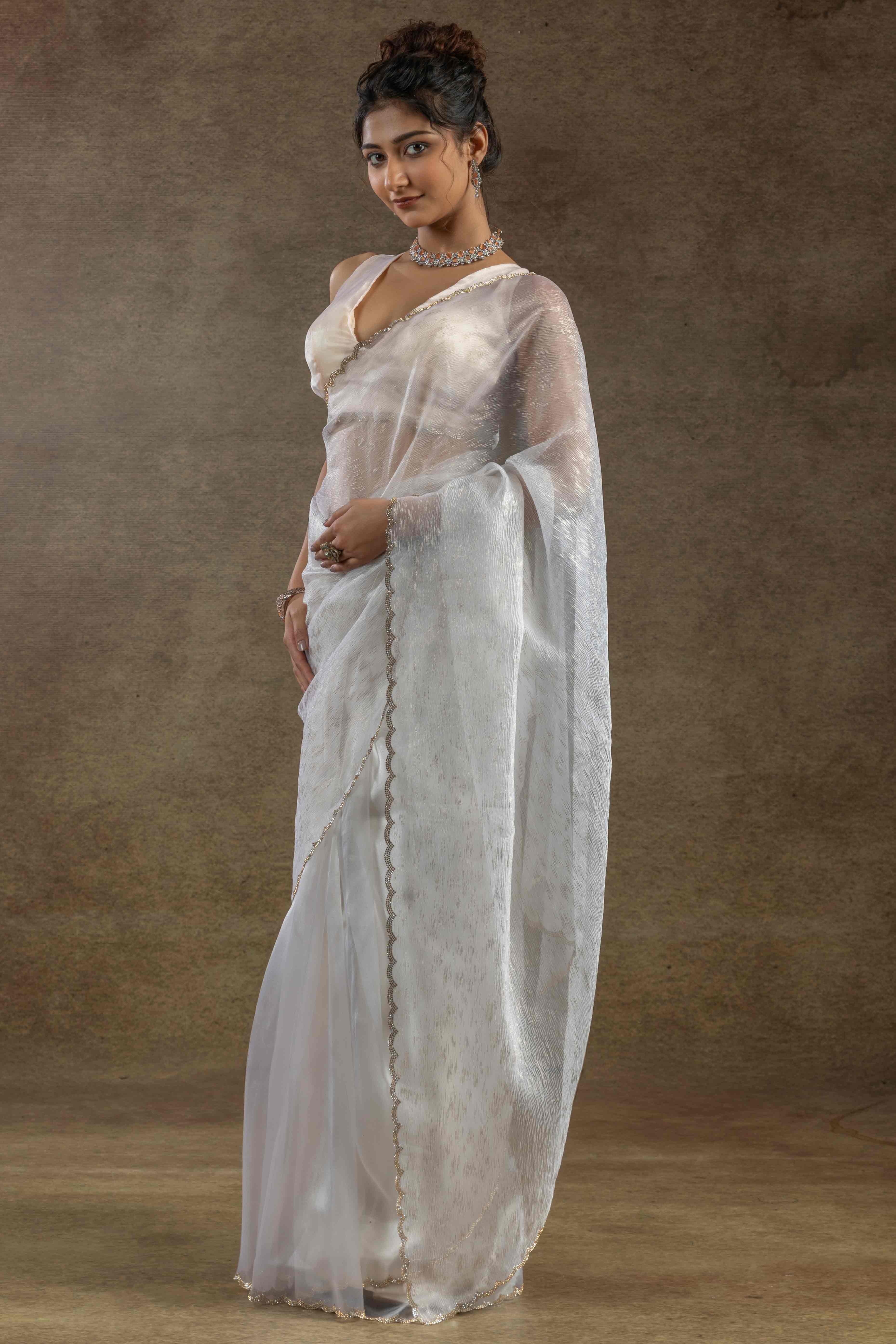 White Crush Foil Print With Delicate Zarkan Border Organza Ready To Wear Saree