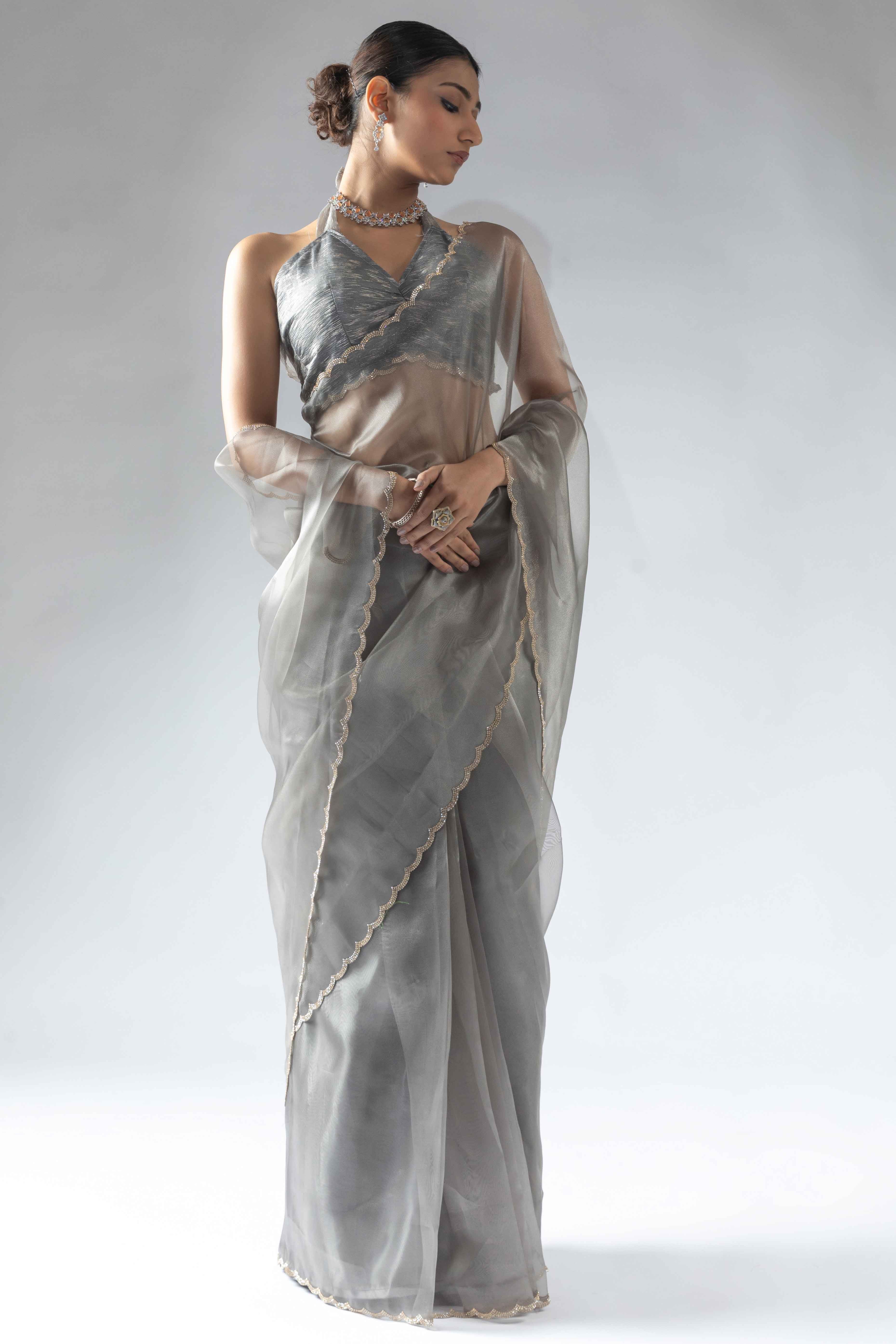 Smoke Grey Solid With Intricate Zarkan Border Organza Ready To Wear Saree