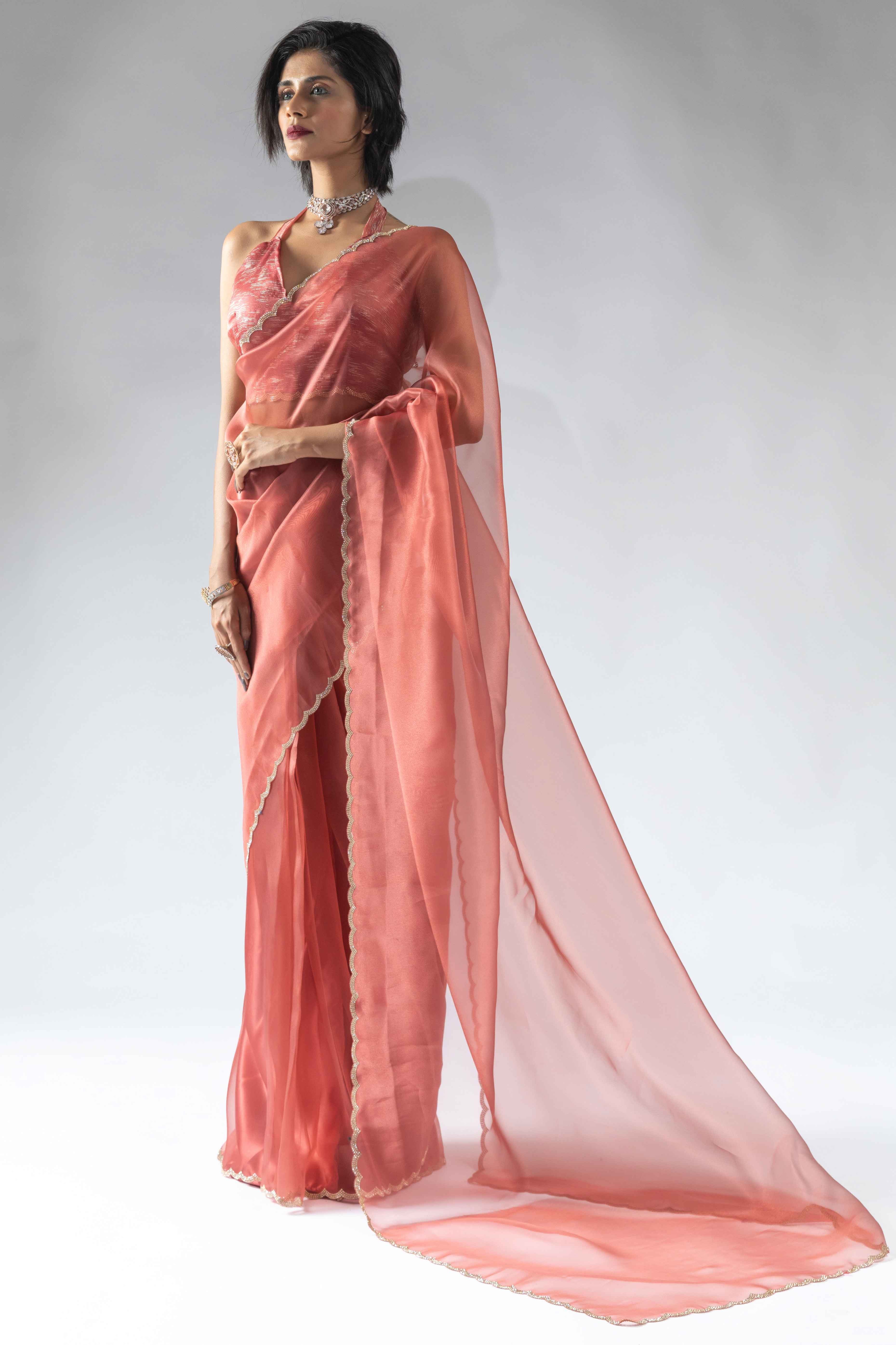 Peach Solid With Intricate Zarkan Border Organza Ready To Wear Saree