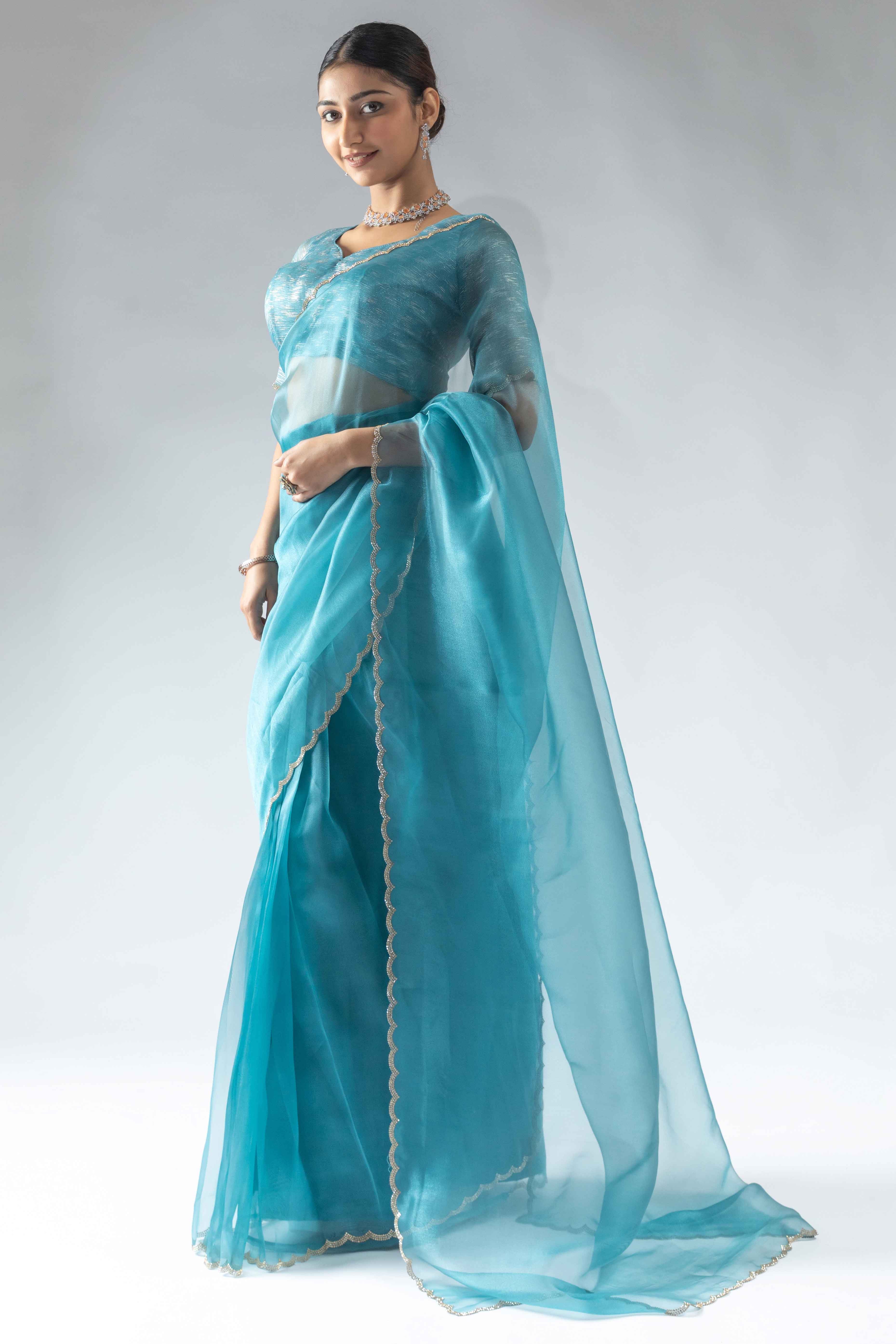 Blue Solid With Intricate Zarkan Border Organza Ready To Wear Saree