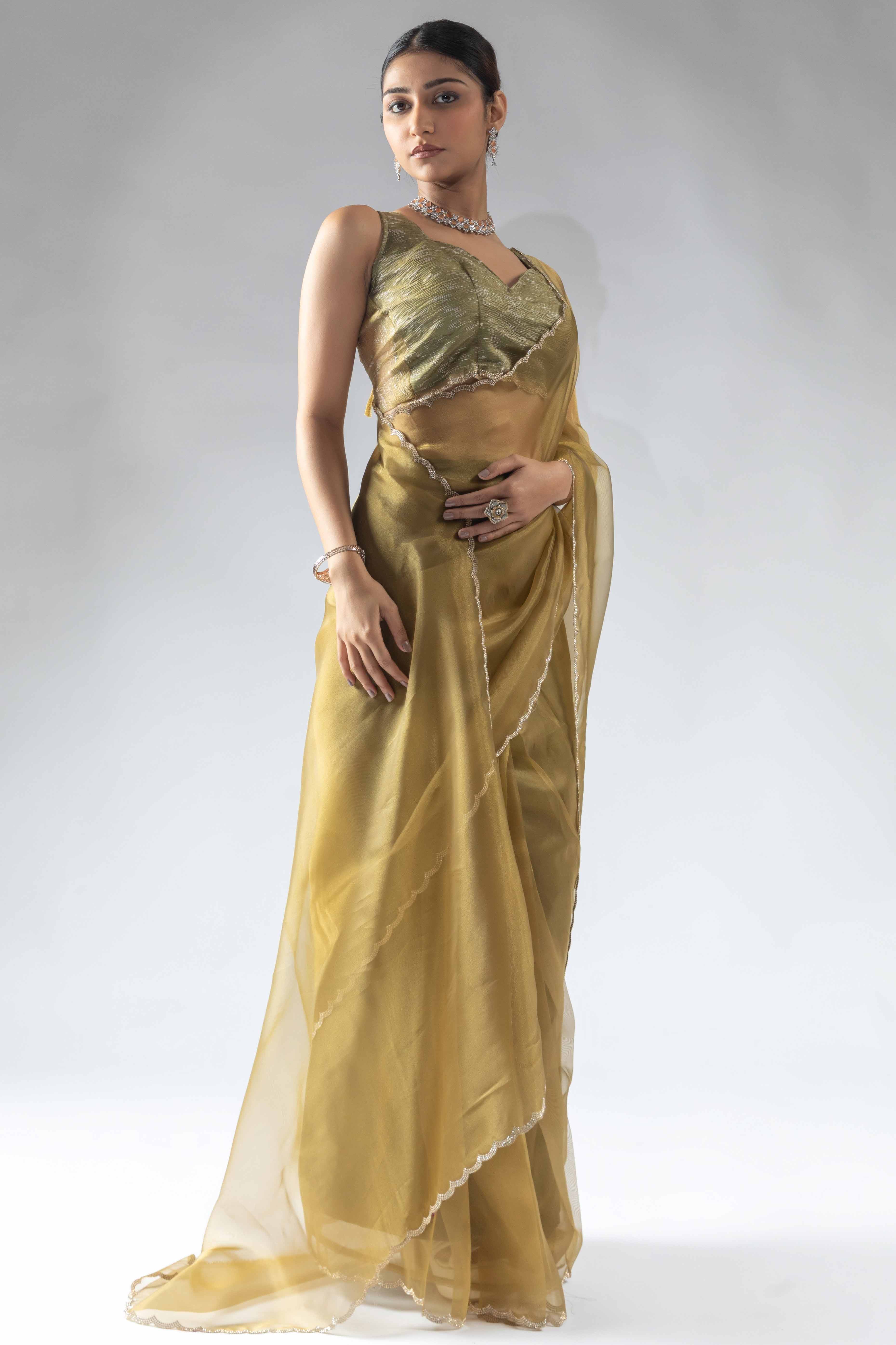 Golden Bronze  Solid With Intricate Zarkan Border Organza Ready To Wear Saree
