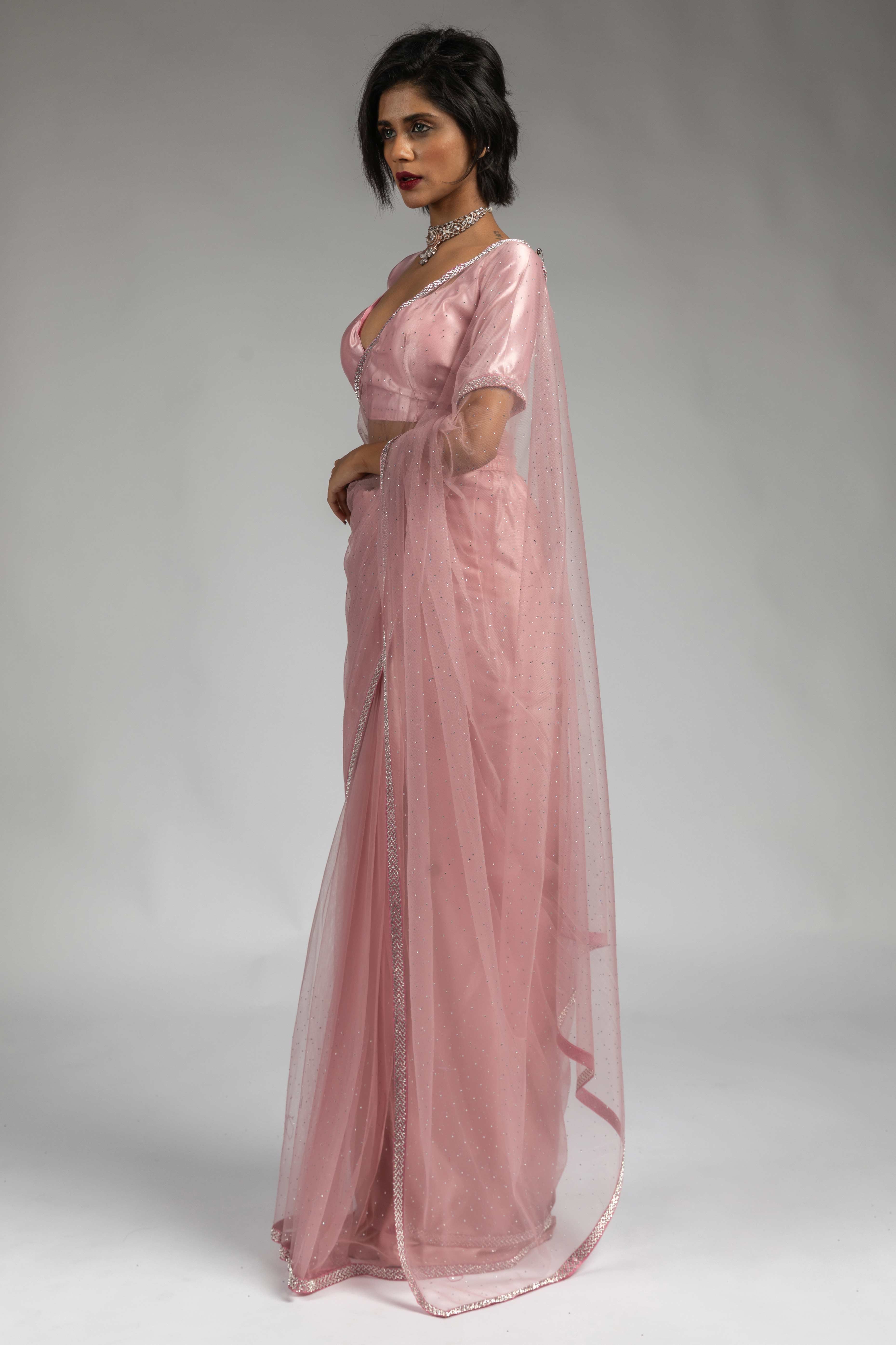 Flamingo Pink Intricate Zarkan Detailing Soft Net Ready To Wear Saree