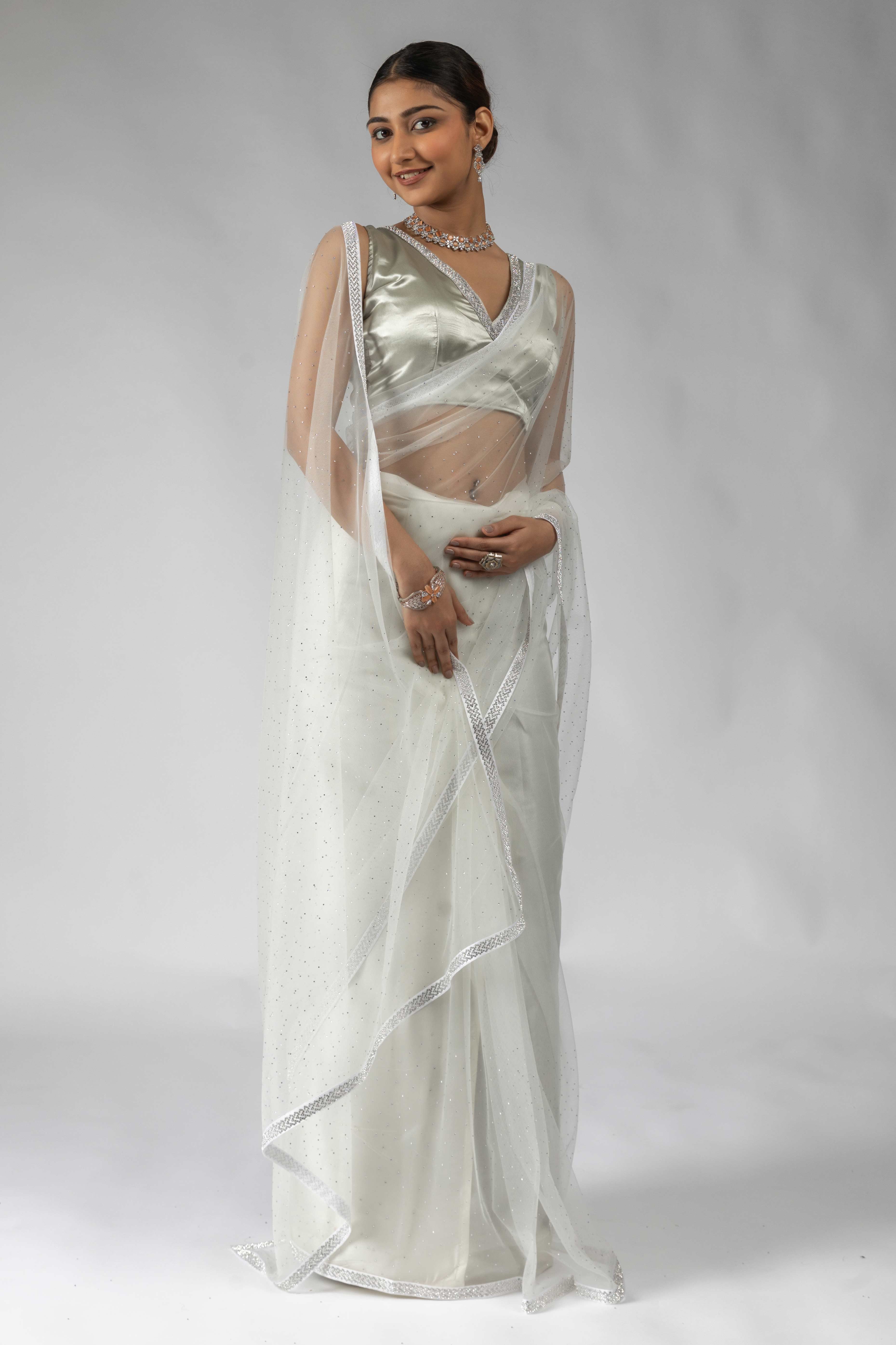 White Intricate Zarkan Detailing Soft Net Ready To Wear Saree