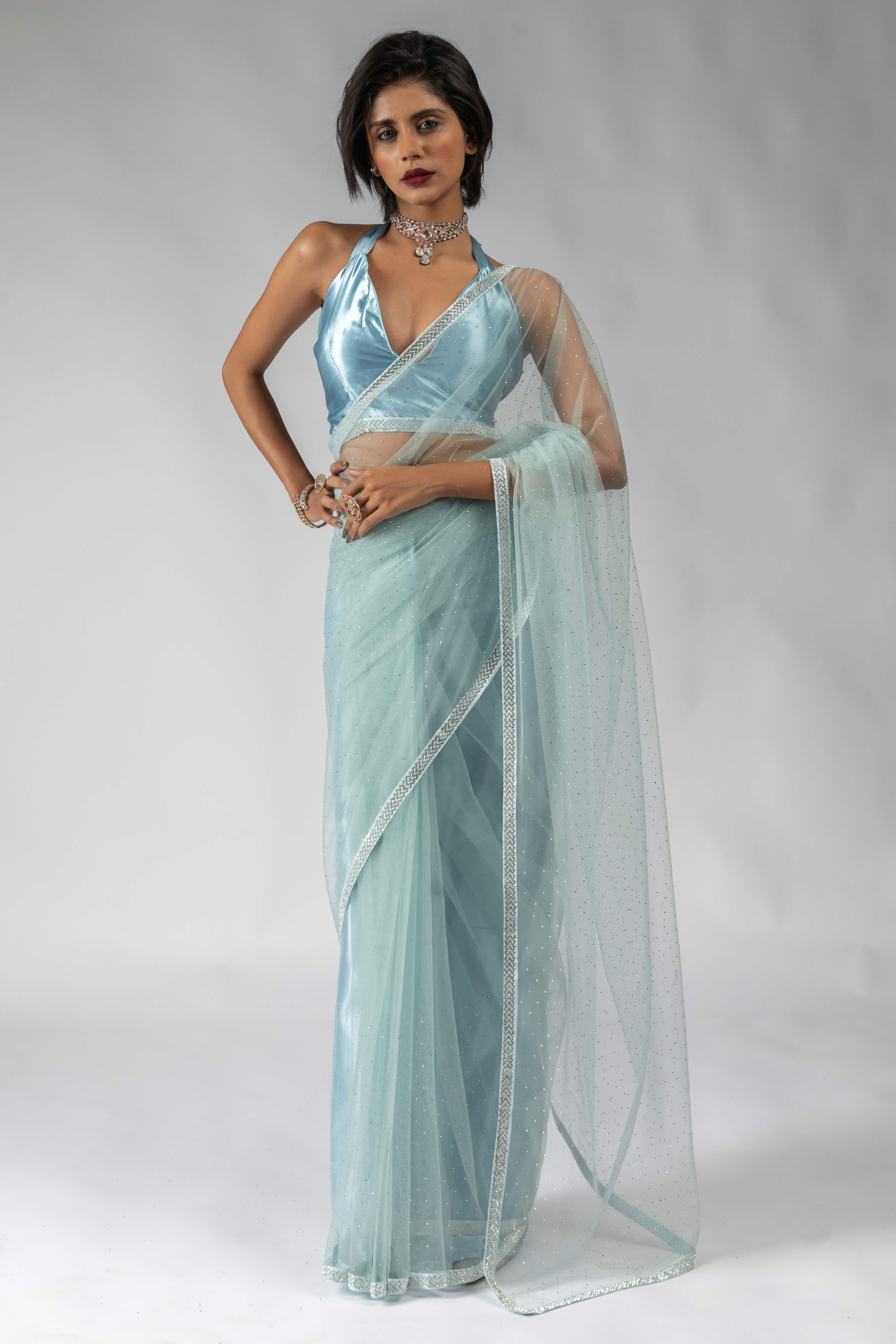 Blue Intricate Zarkan Detailing Soft Net Ready To Wear Saree
