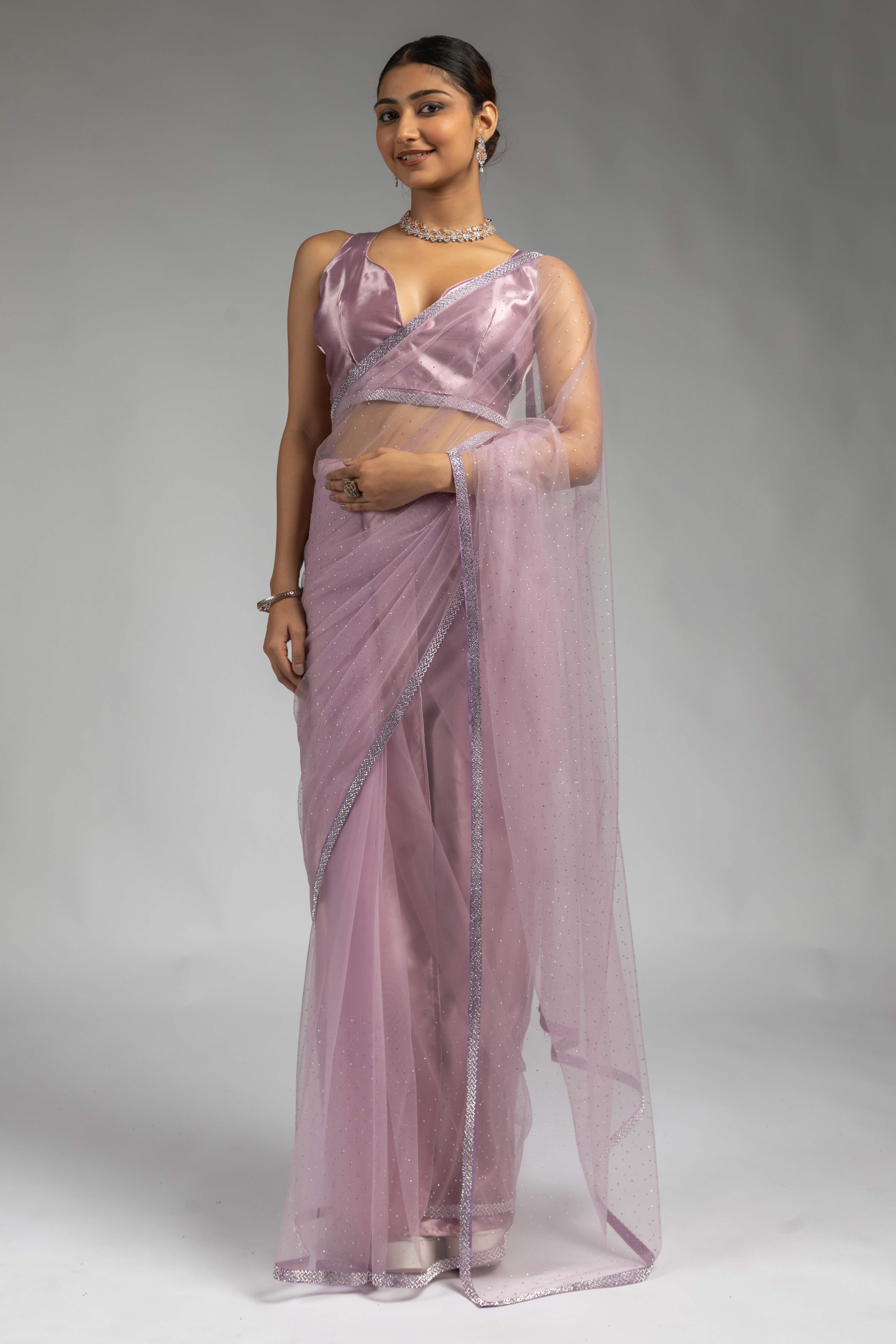 Light Purple Intricate Zarkan Detailing Soft Net Ready To Wear Saree