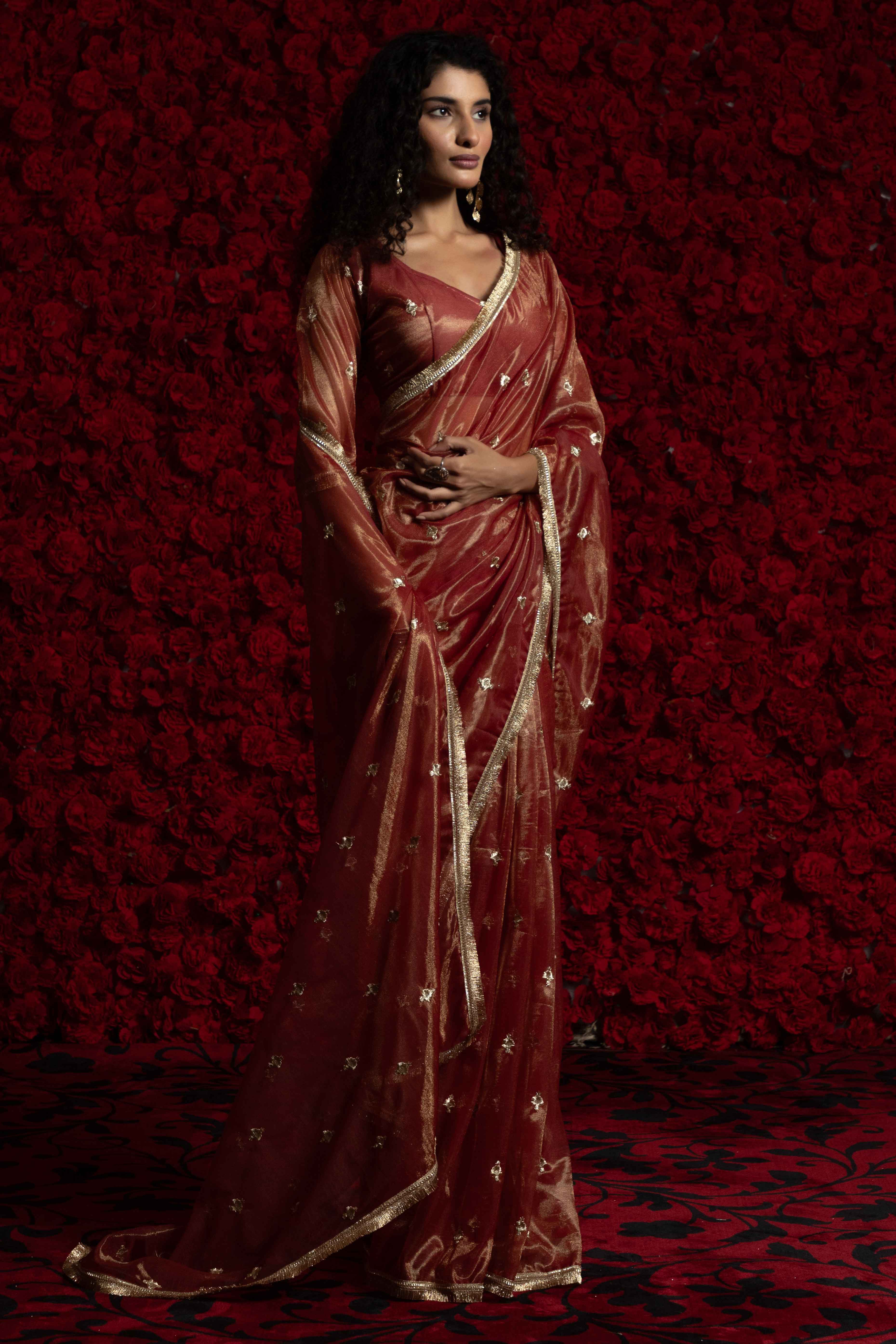 Brick Red Floral Zari Embroidered Net Organza Saree with Intricate Handwork Lace Border