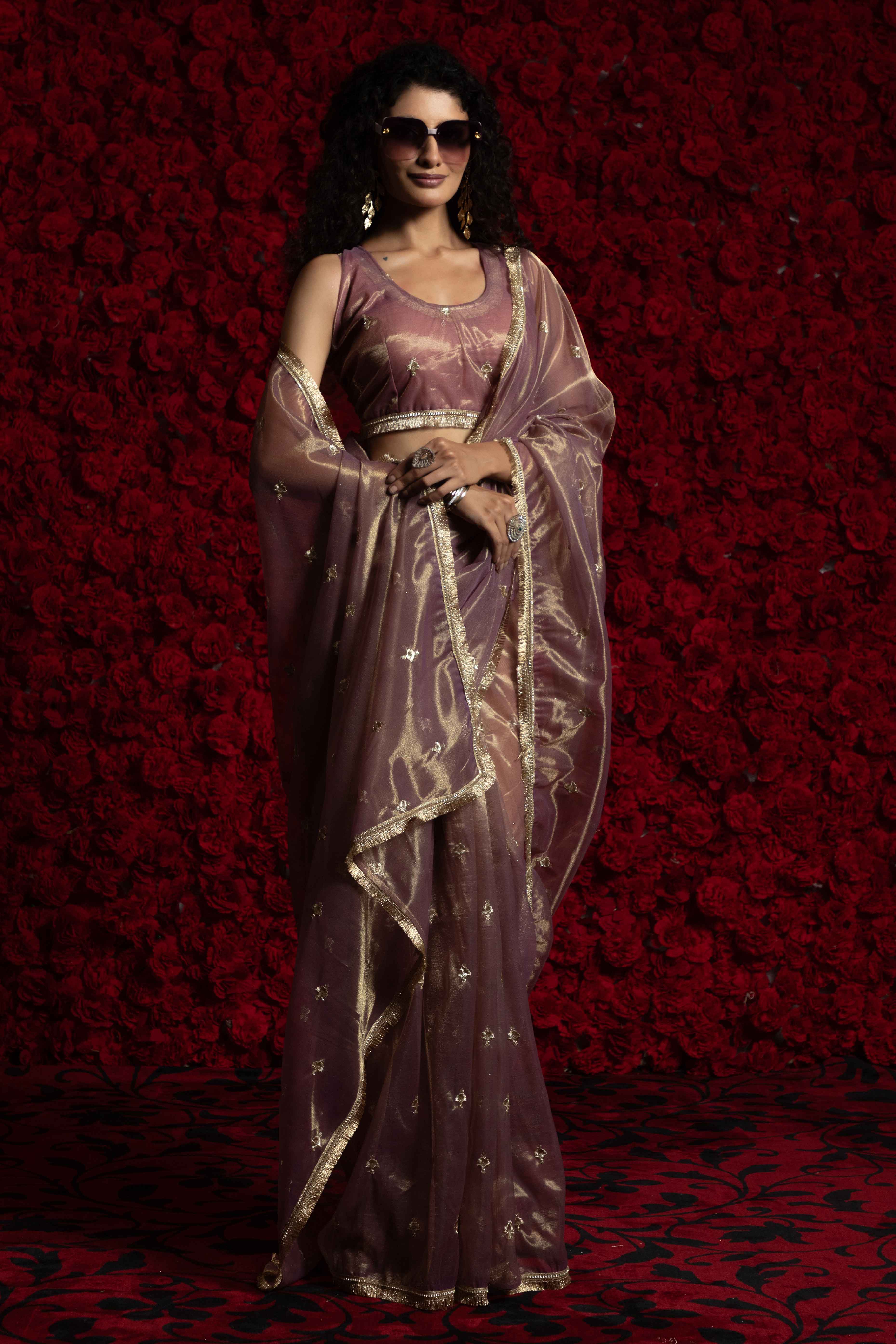 Purple Floral Zari Embroidered Net Organza Saree with Intricate Handwork Lace Border