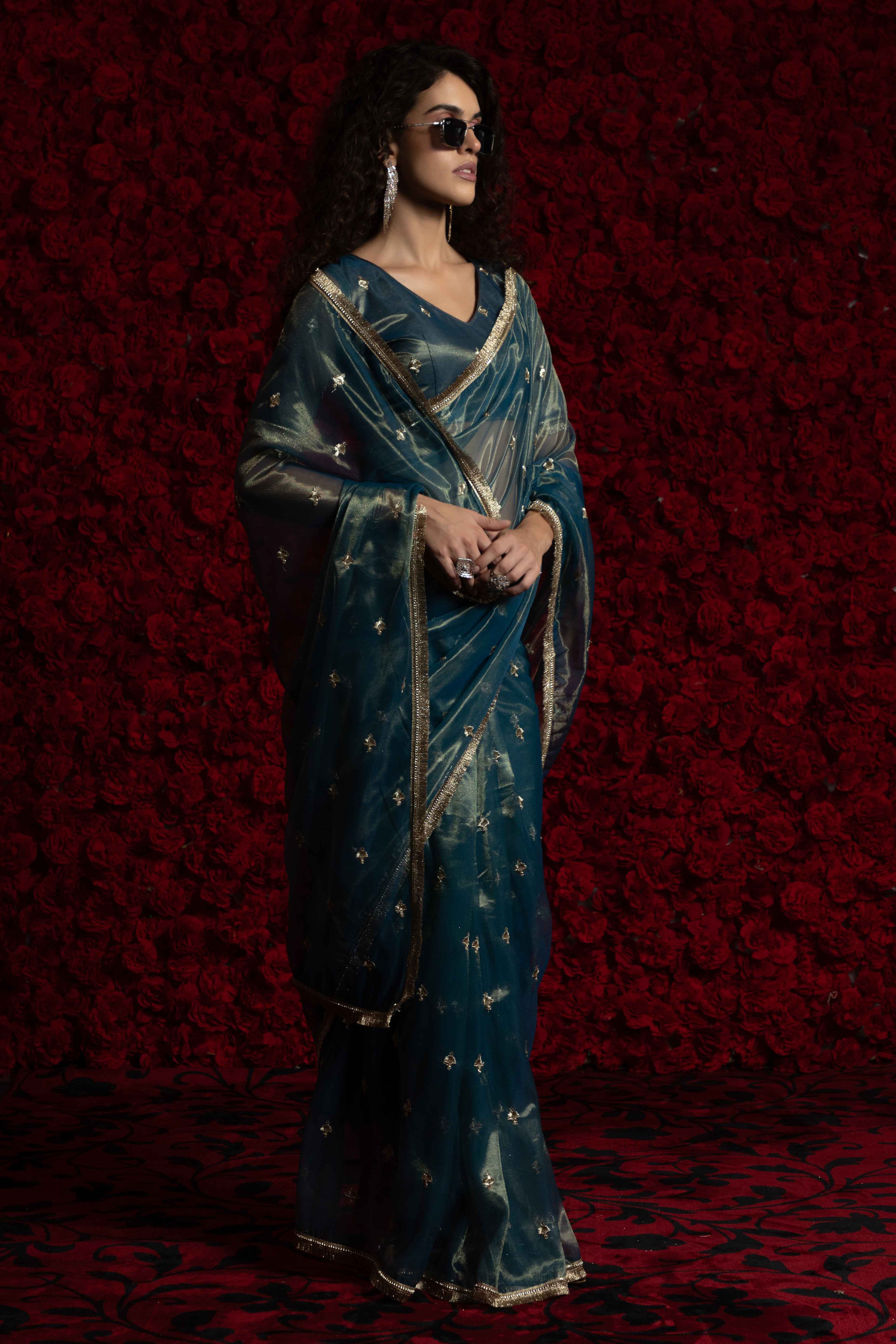 Teal Floral Zari Embroidered Net Organza Saree with Intricate Handwork Lace Border