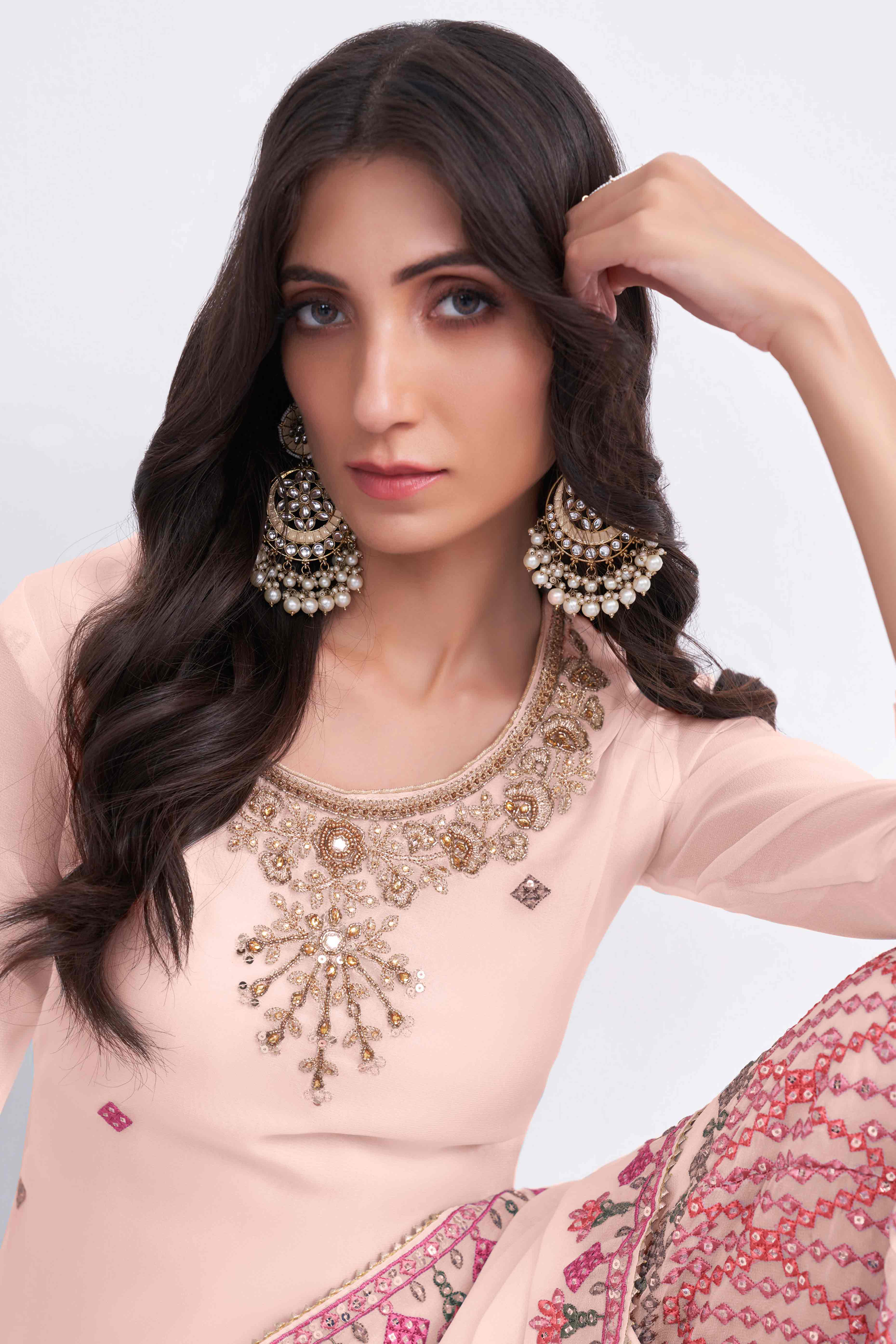 Peach Sequins Embroidered With Stonework Georgette Semi Stitched Suit