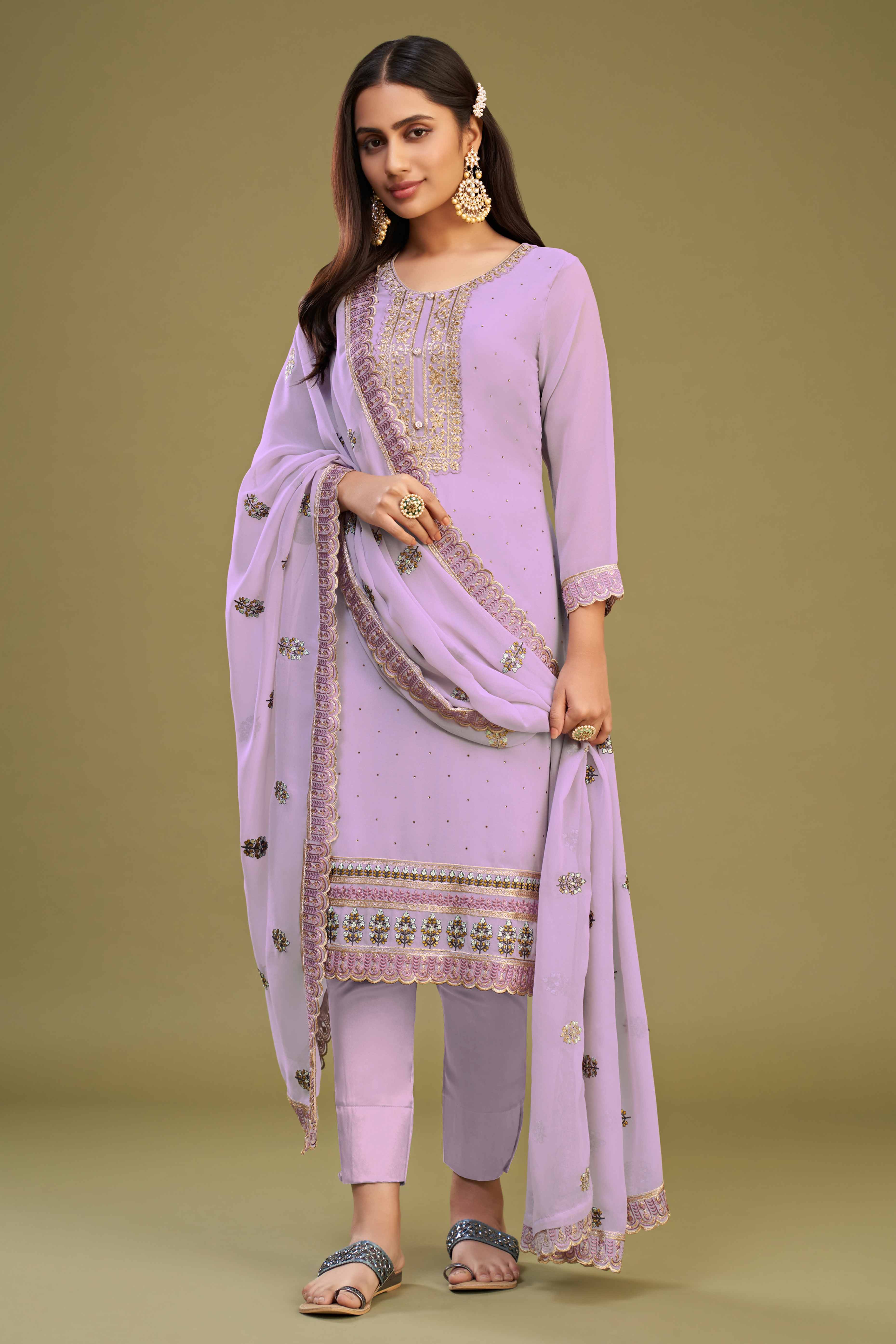 Lavender Floral Embroidery With Swarovski Work Georgette Semi Stitched Suit