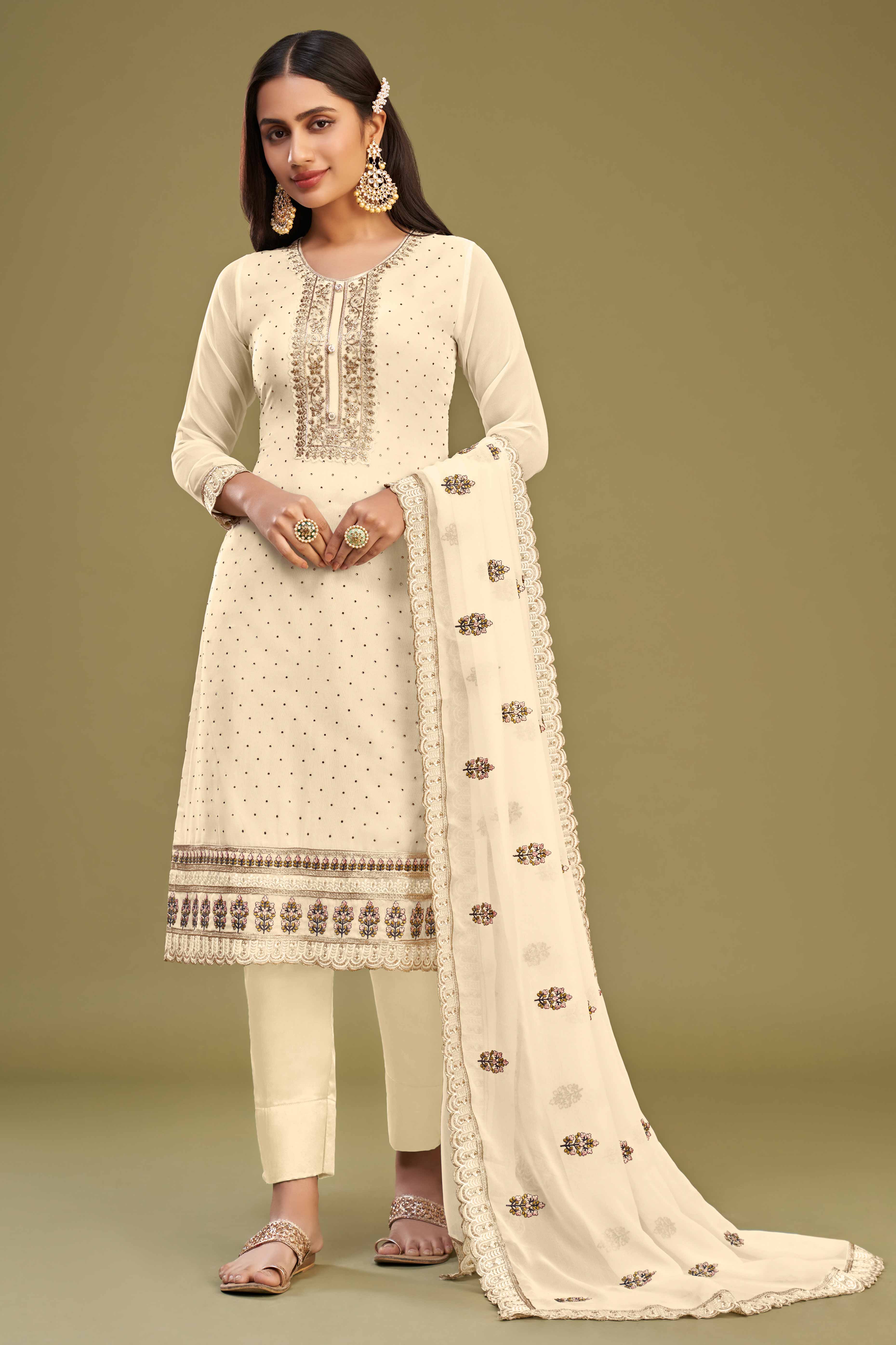 Offwhite Floral Embroidery With Swarovski Work Georgette Semi Stitched Suit