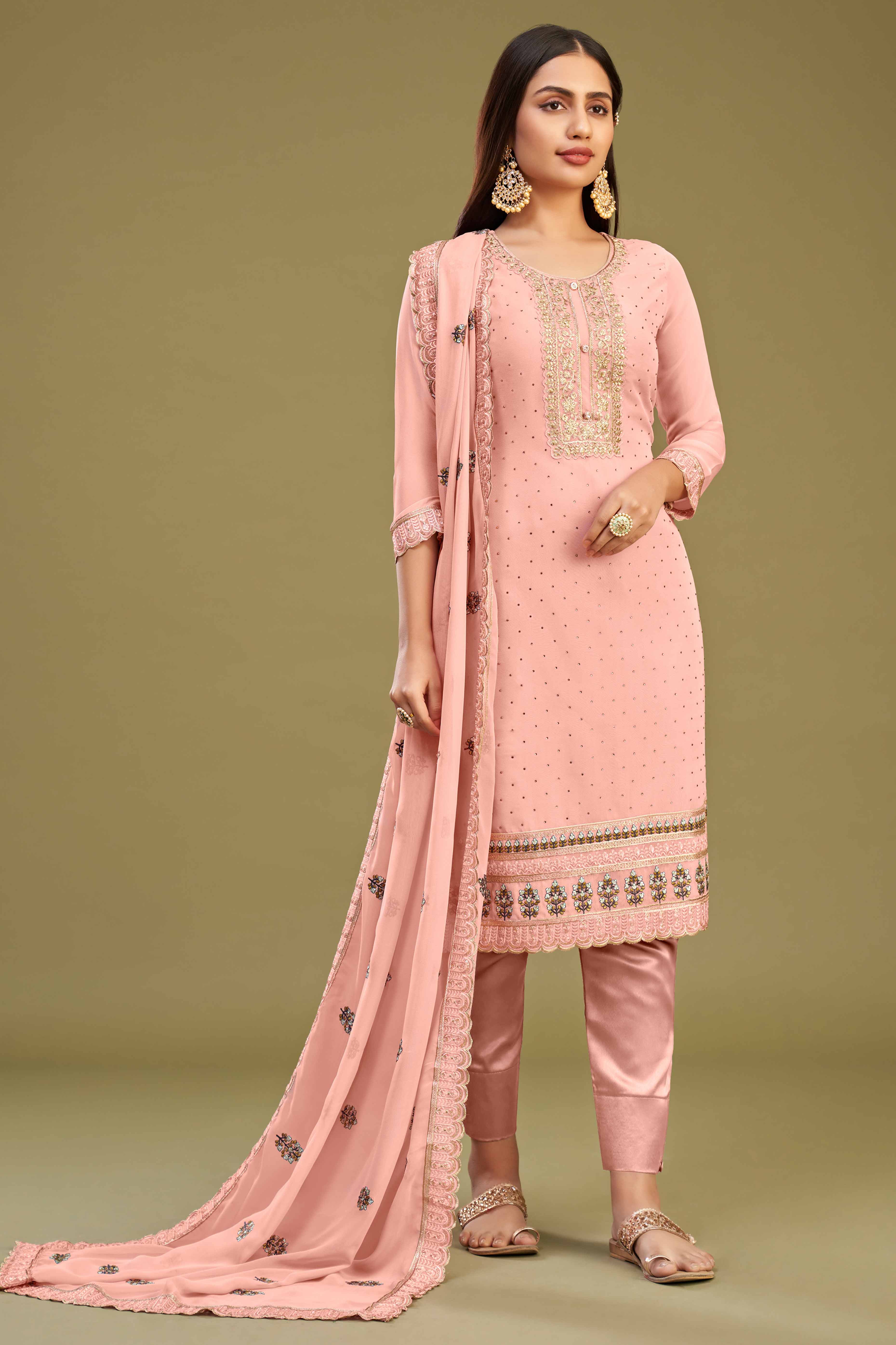 Gajari Pink Floral Embroidery With Swarovski Work Georgette Semi Stitched Suit