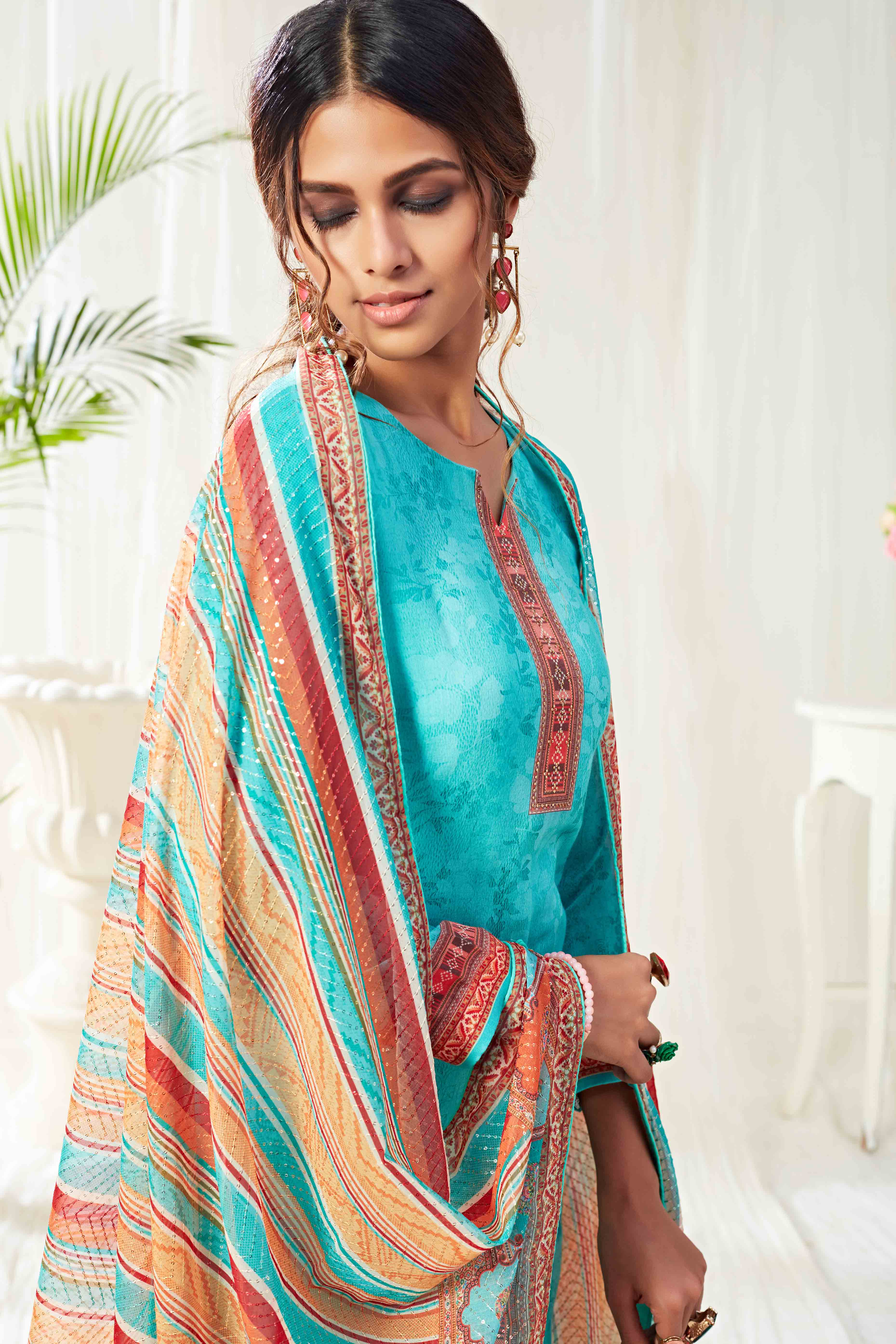 Turquoise Floral Digital Print Pure Cotton Dress Material With Sparkling Swarovski Embellishments