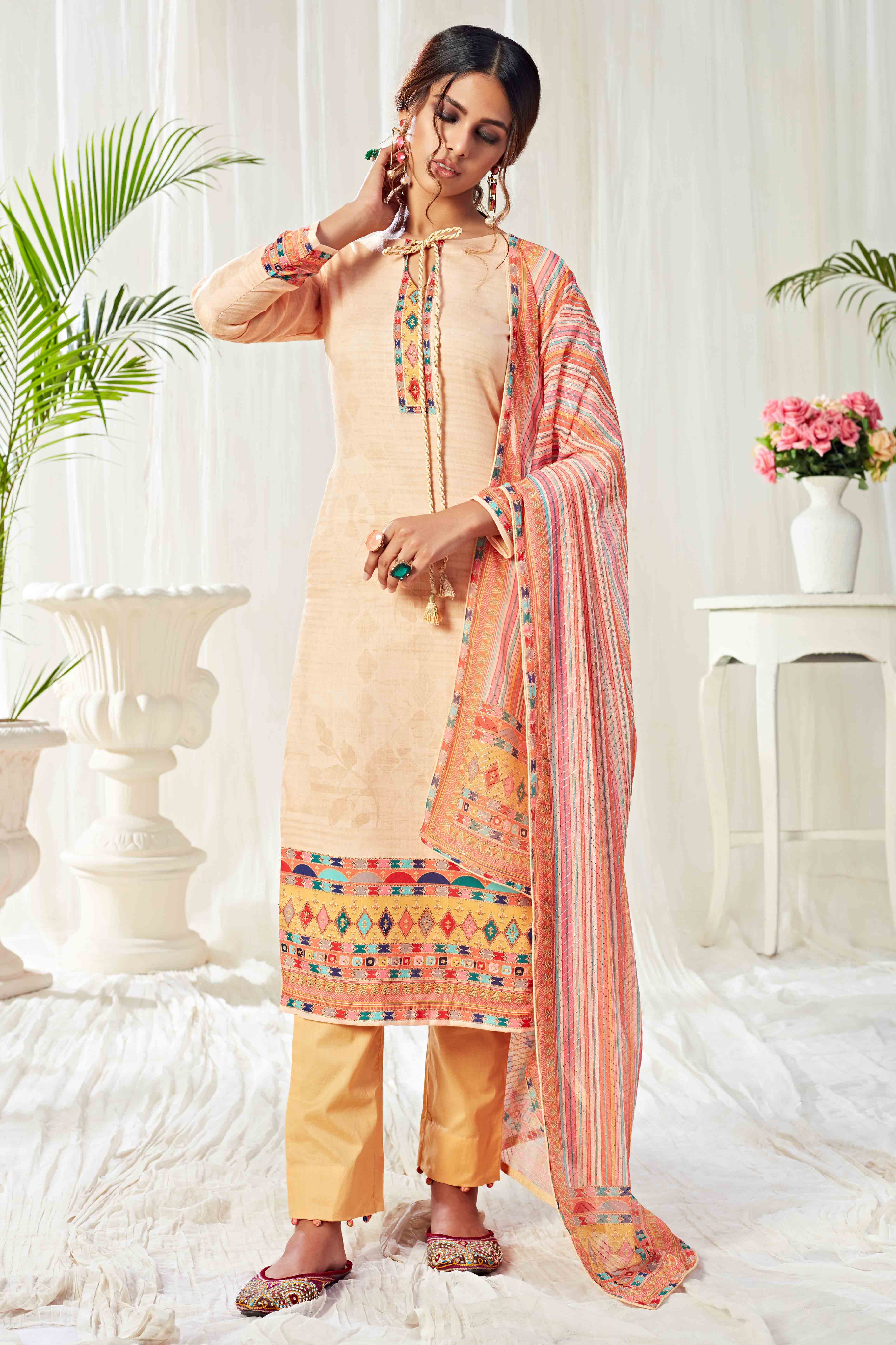 Light Orange Floral Digital Print Pure Cotton Dress Material With Sparkling Swarovski Embellishments