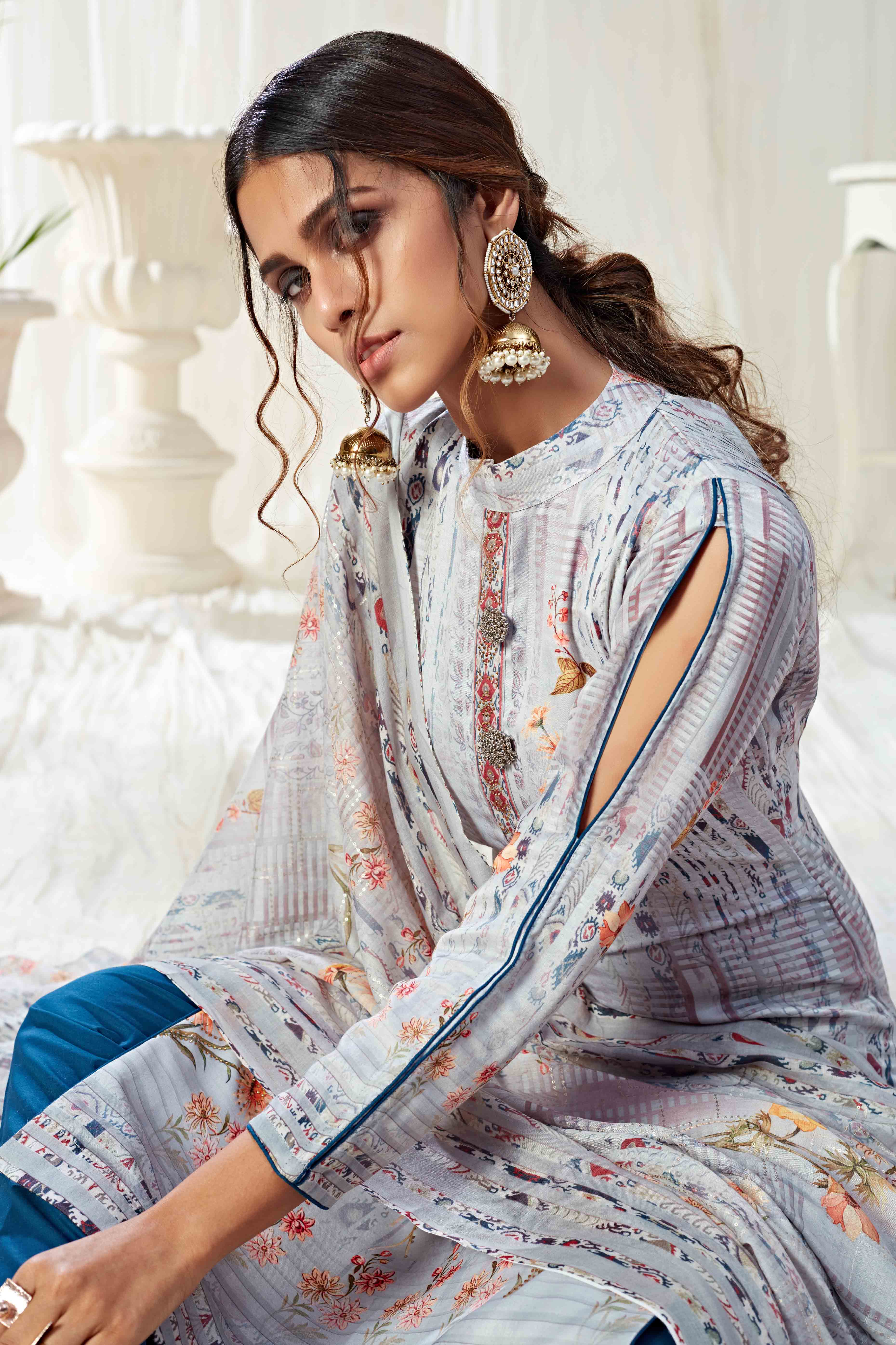Greyish Blue Floral Digital Print Pure Cotton Dress Material With Sparkling Swarovski Embellishments