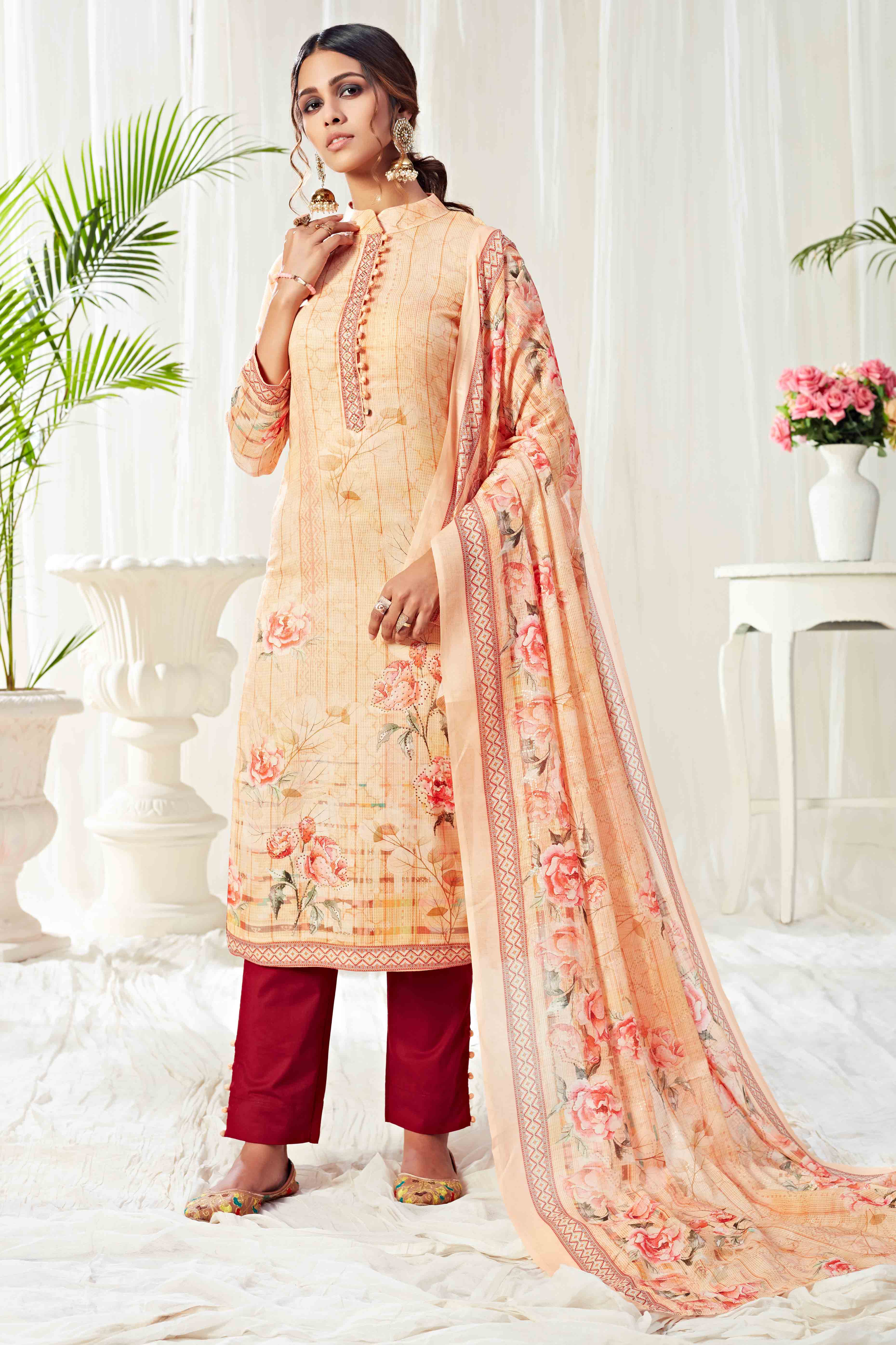 Peach Floral Digital Print Pure Cotton Dress Material With Sparkling Swarovski Embellishments