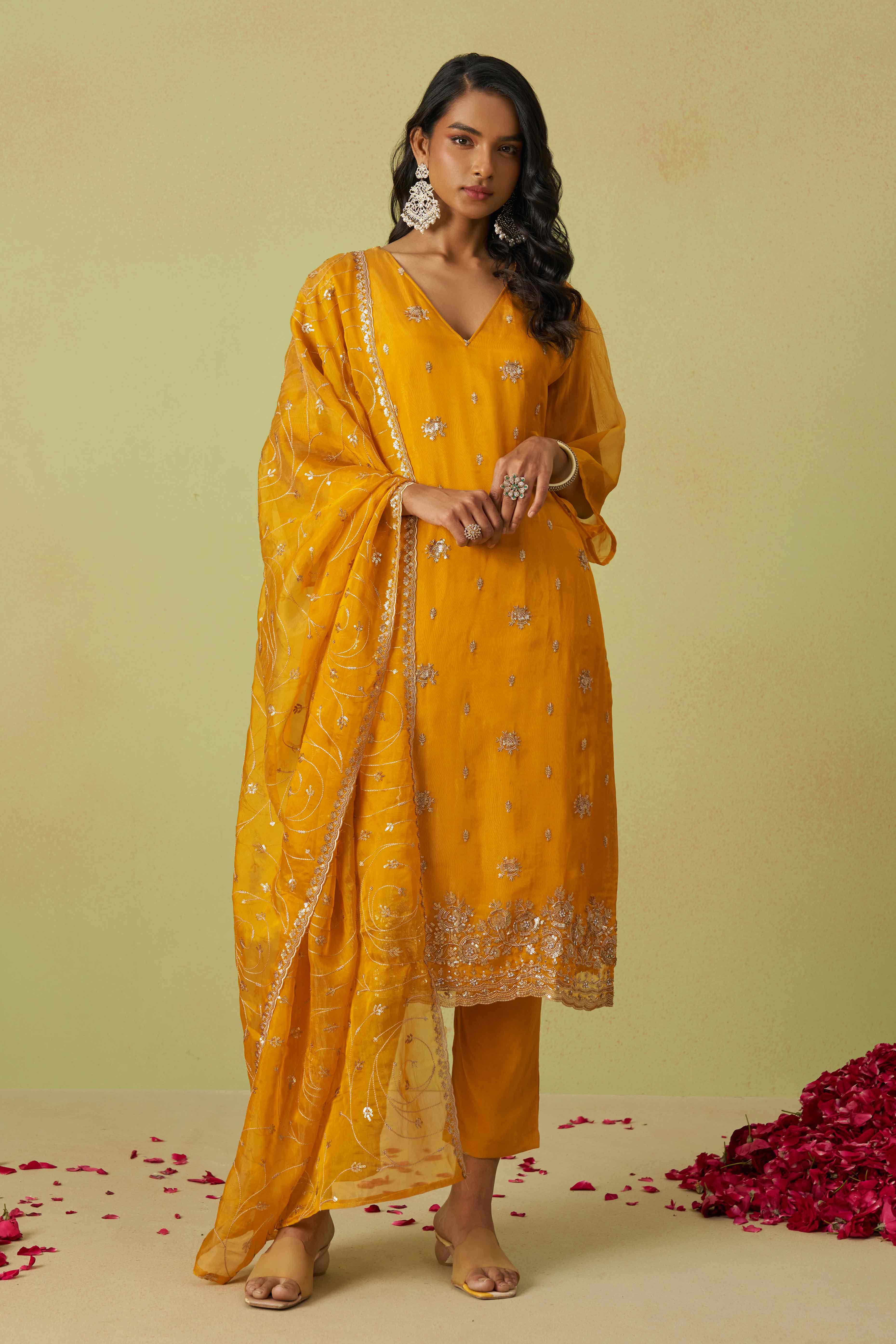 Mustard Sequins Embroidery With Stonework Organza Shimmer Semi Stitched Suit