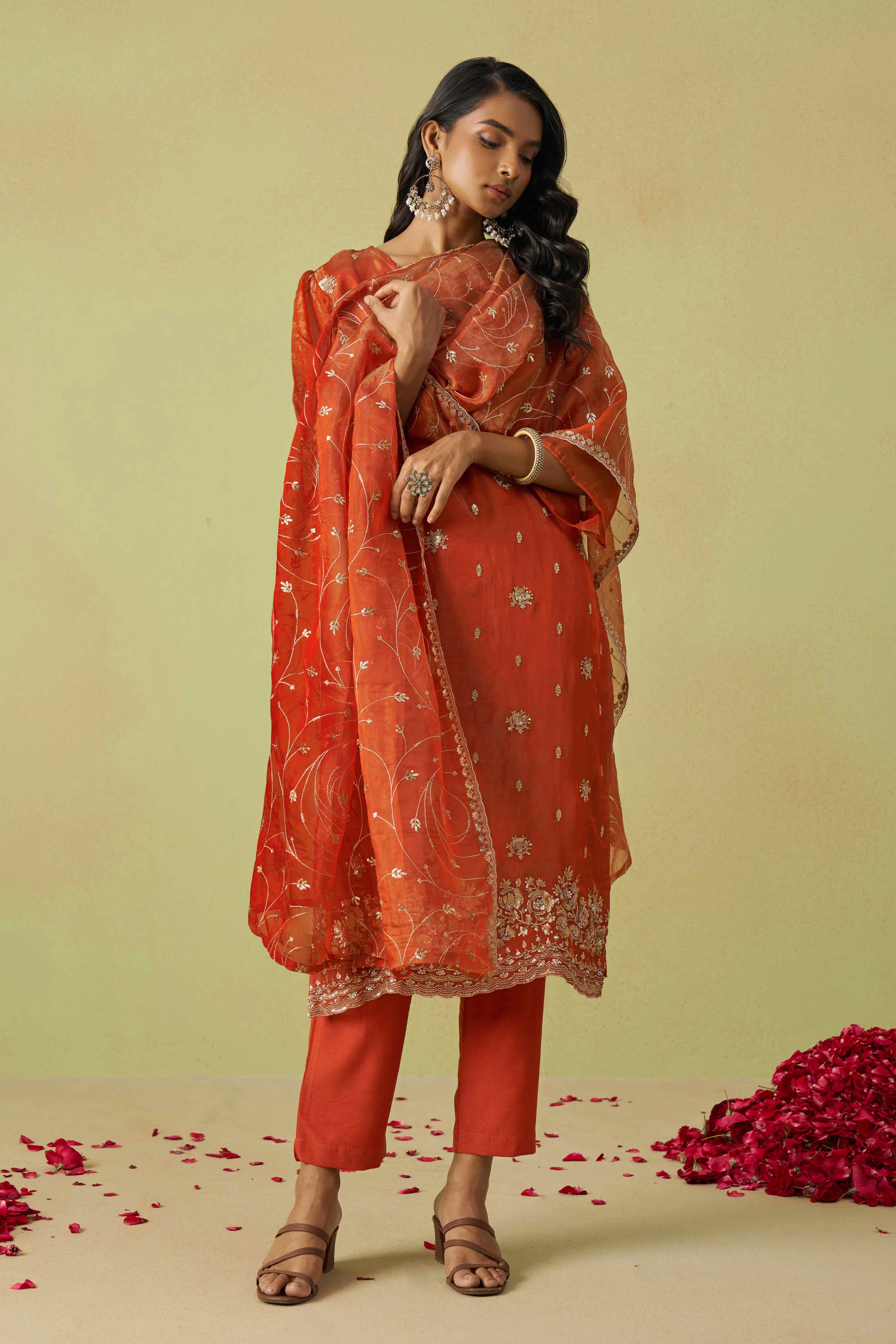 Rust Orange Sequins Embroidery With Stonework Organza Shimmer Semi Stitched Suit