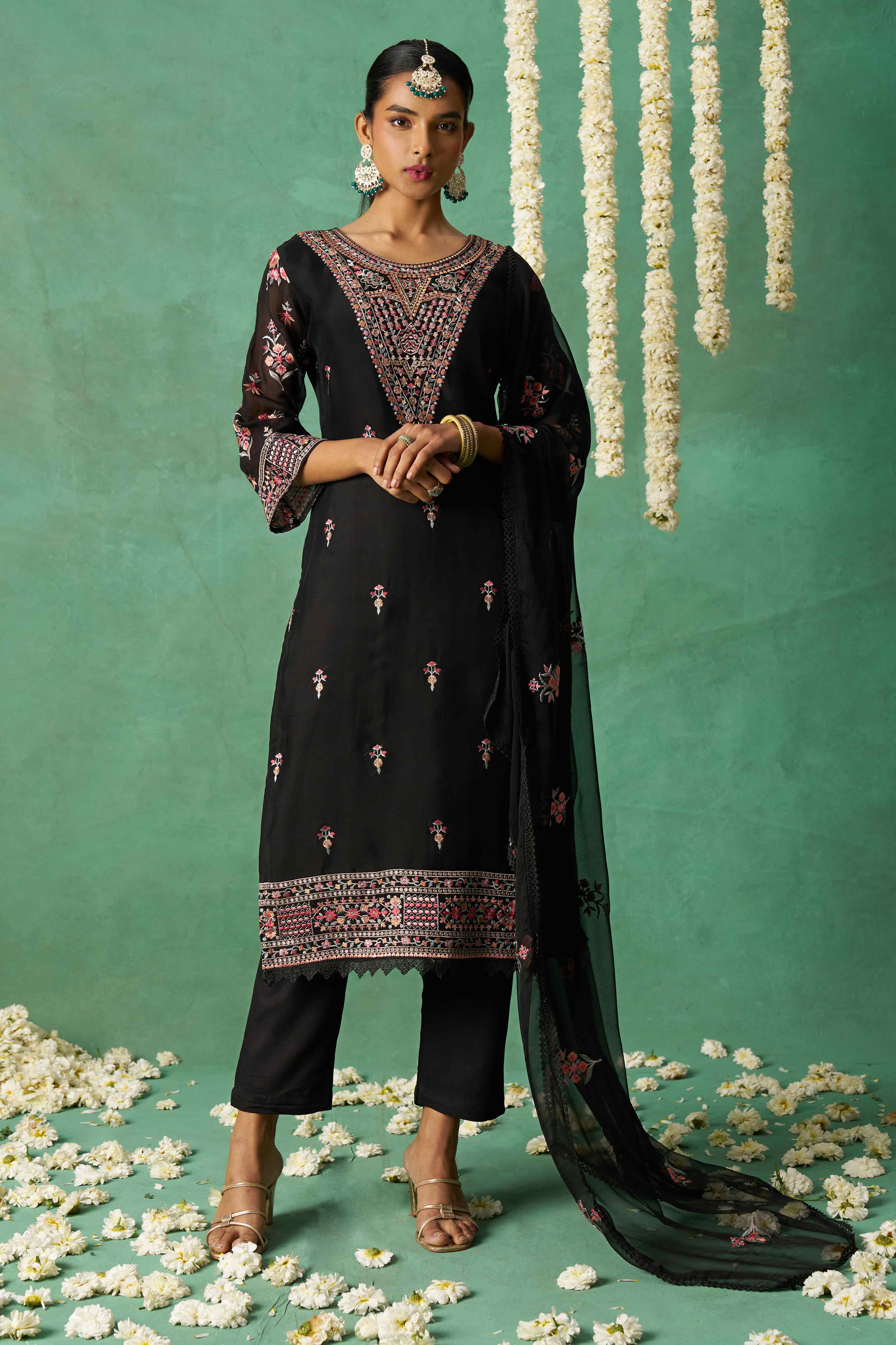 Black Floral Sequins Embroidered Organza Semi Stitched Suit