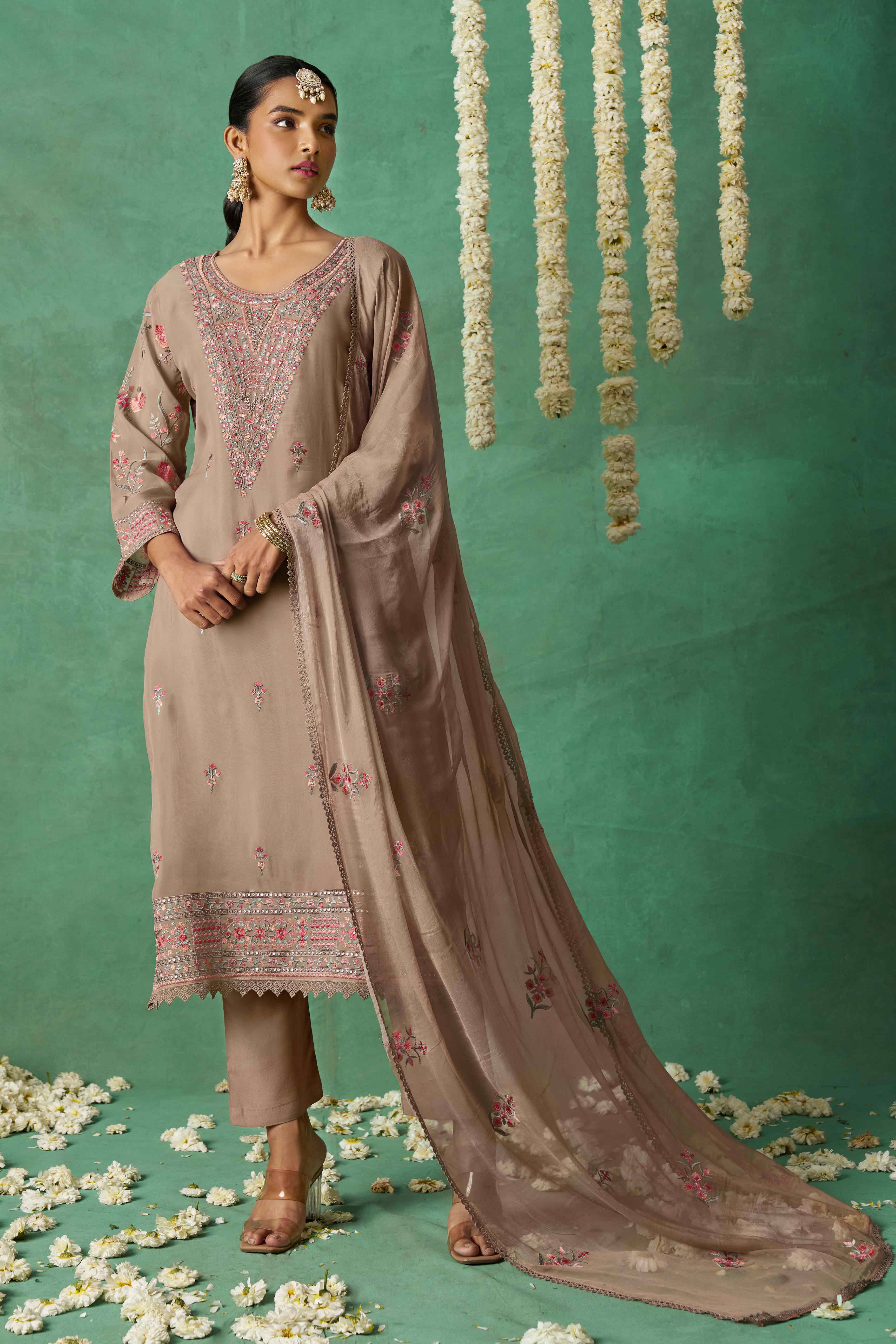 Chikoo Floral Sequins Embroidered Organza Semi Stitched Suit