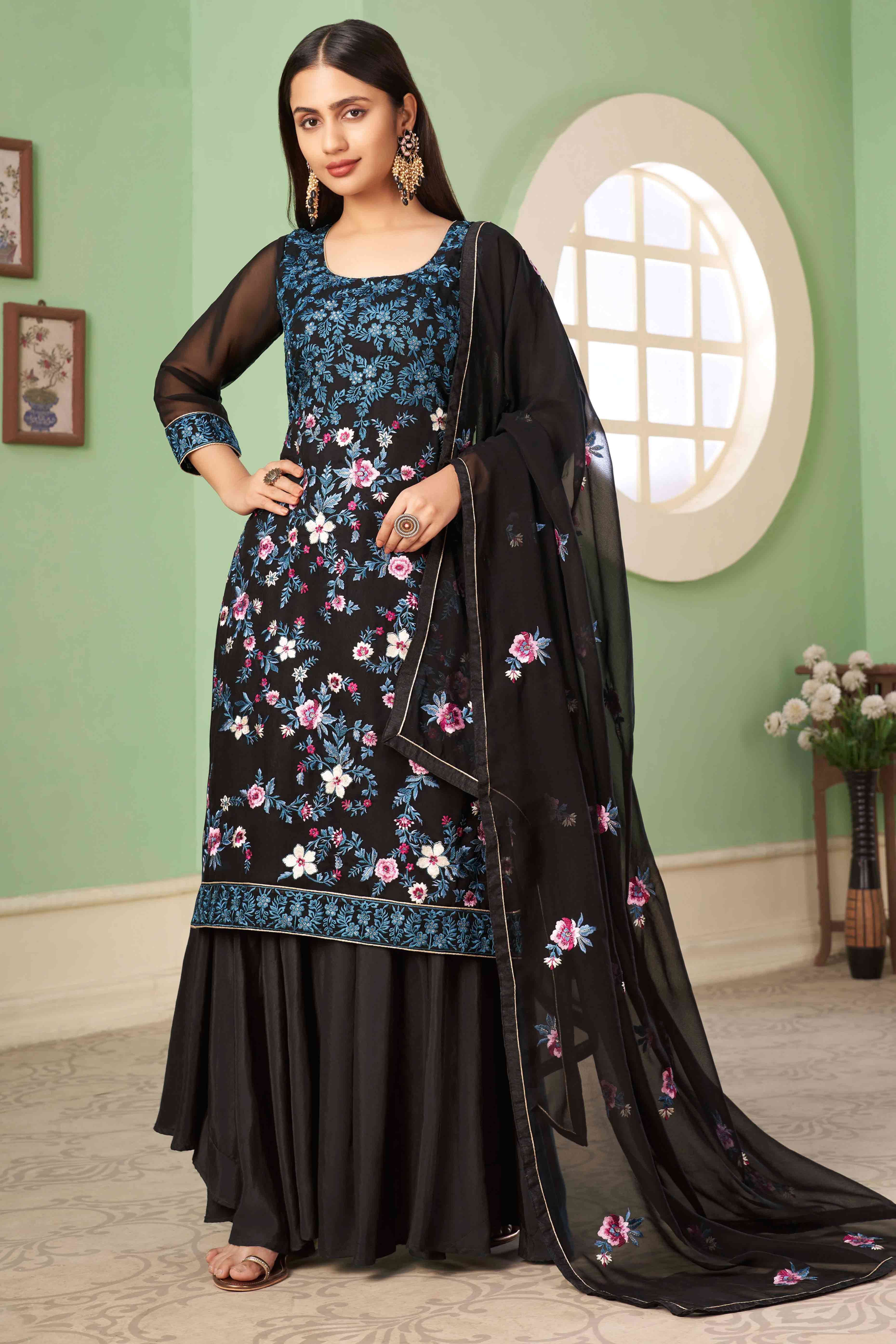 Black Floral Sequins Embroidered Georgette Semi Stitched Suit