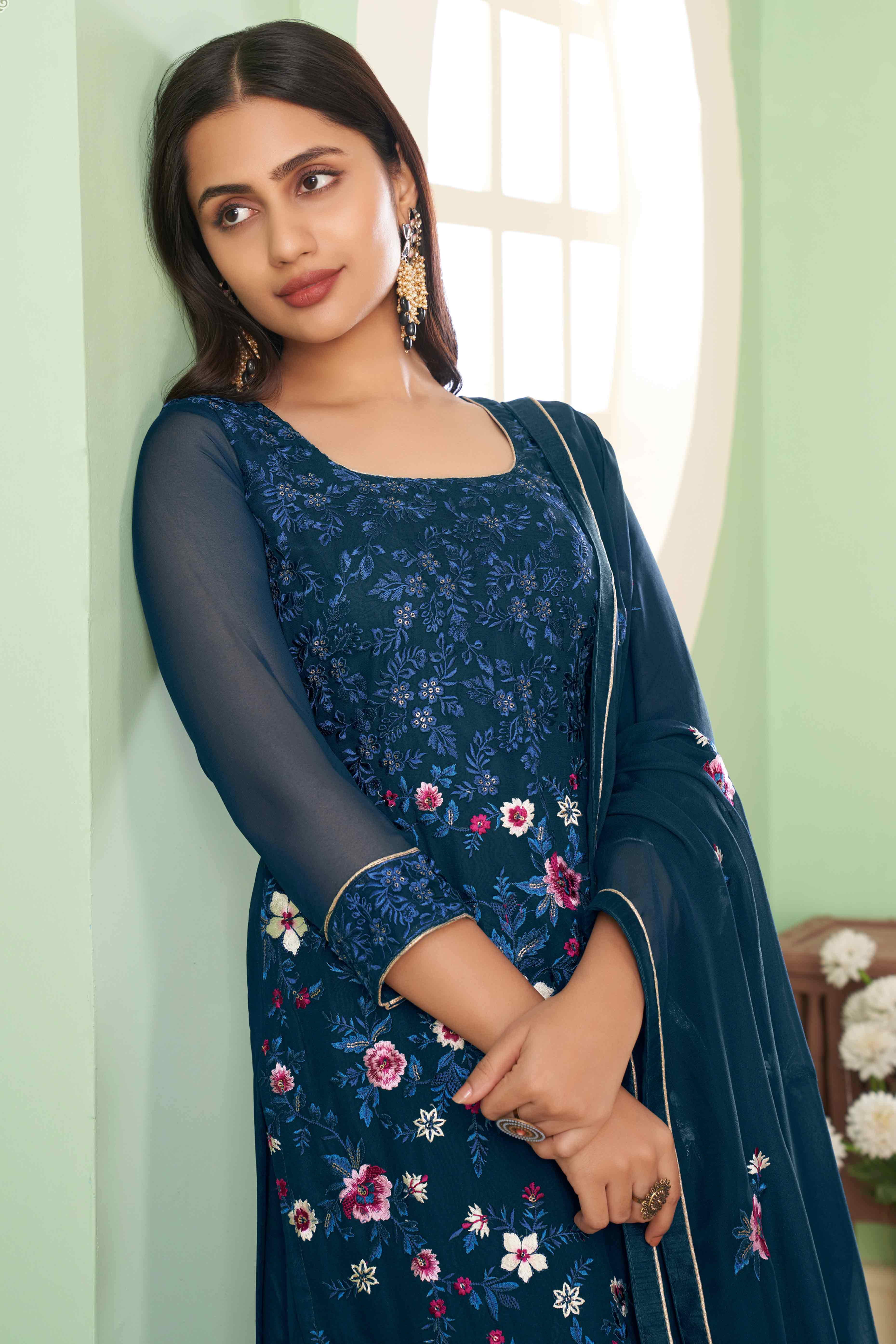 Blue Floral Sequins Embroidered Georgette Semi Stitched Suit