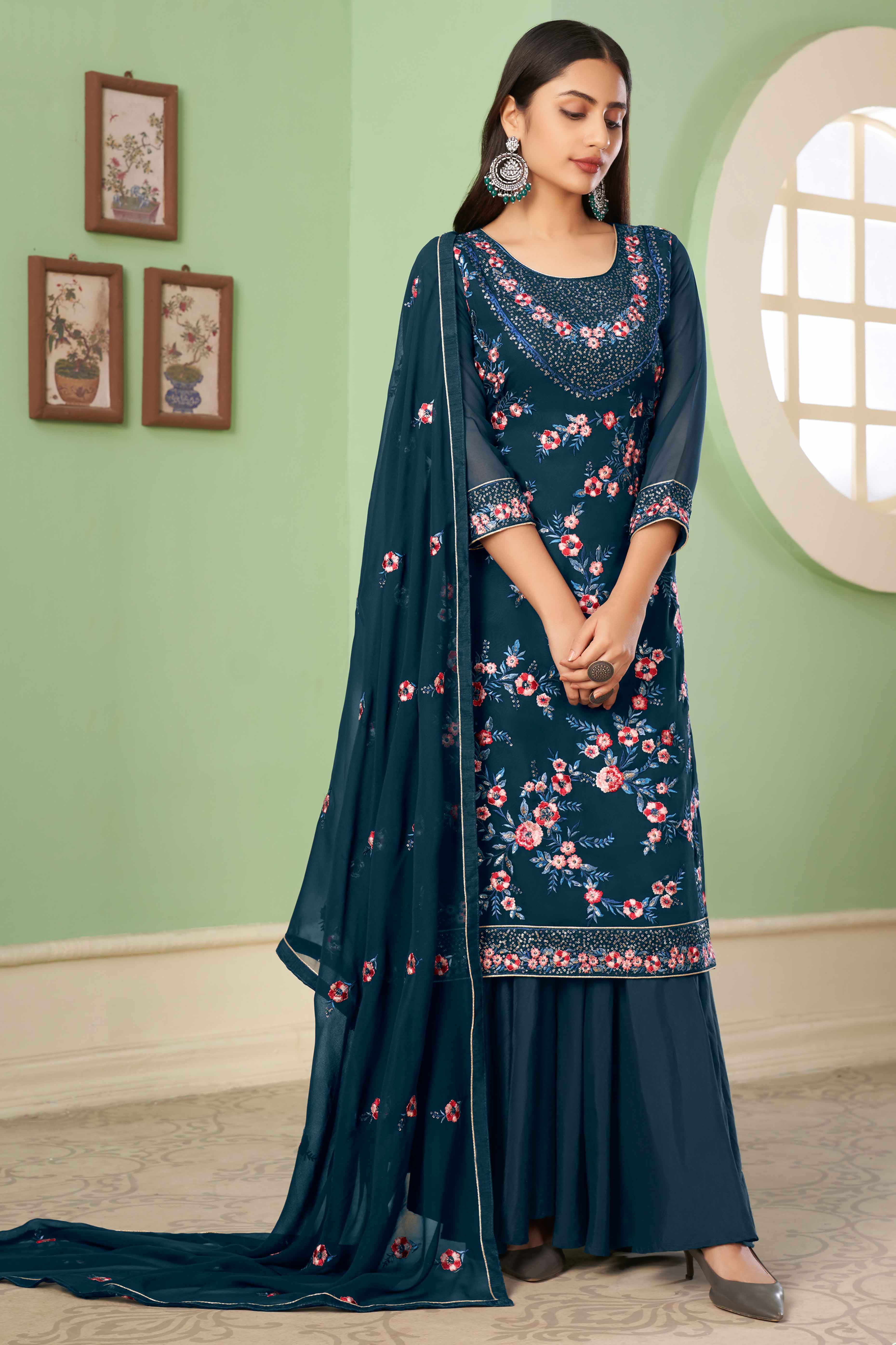 Blue Floral Sequins Embroidered Georgette Semi Stitched Suit