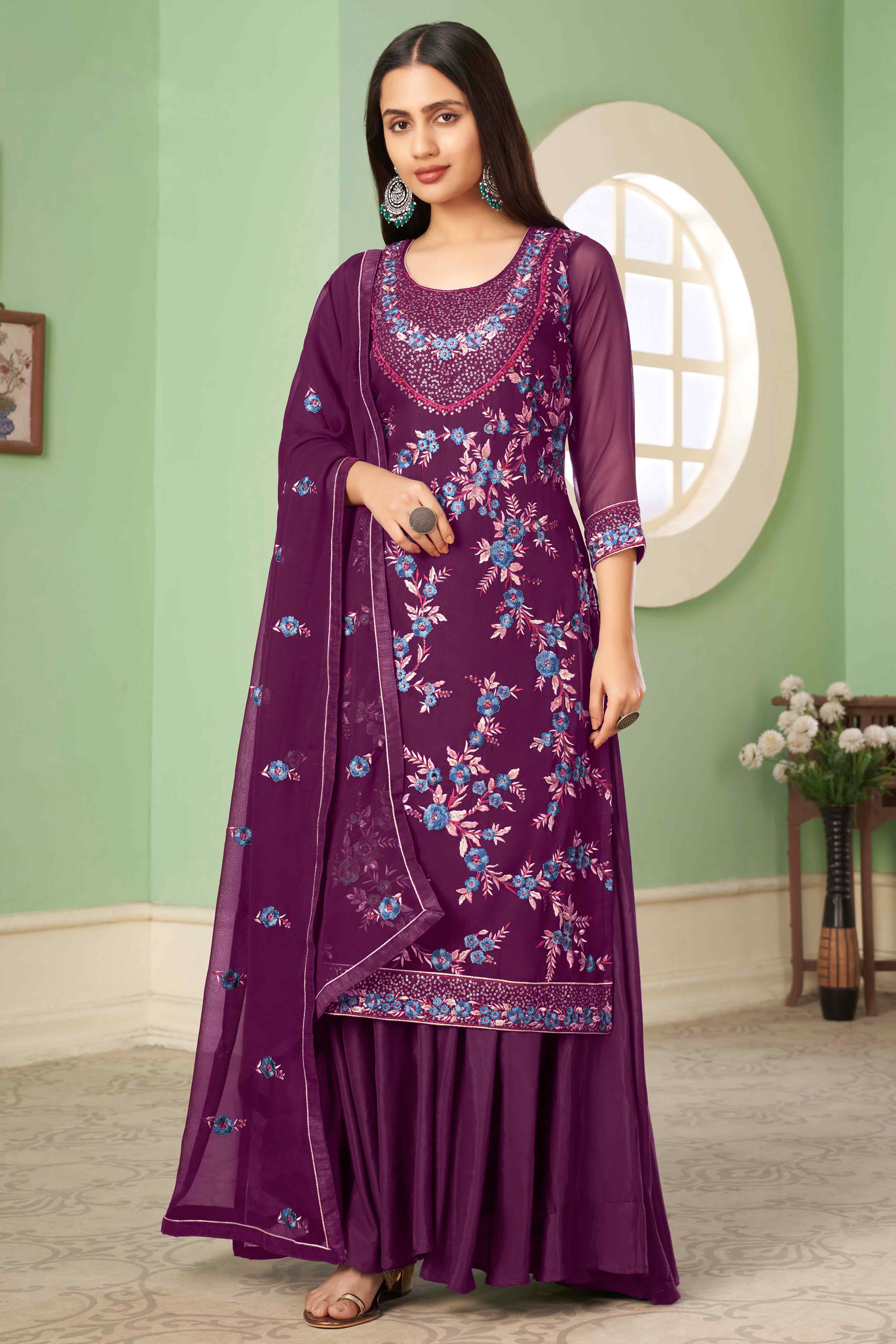 Purple Floral Sequins Embroidered Georgette Semi Stitched Suit